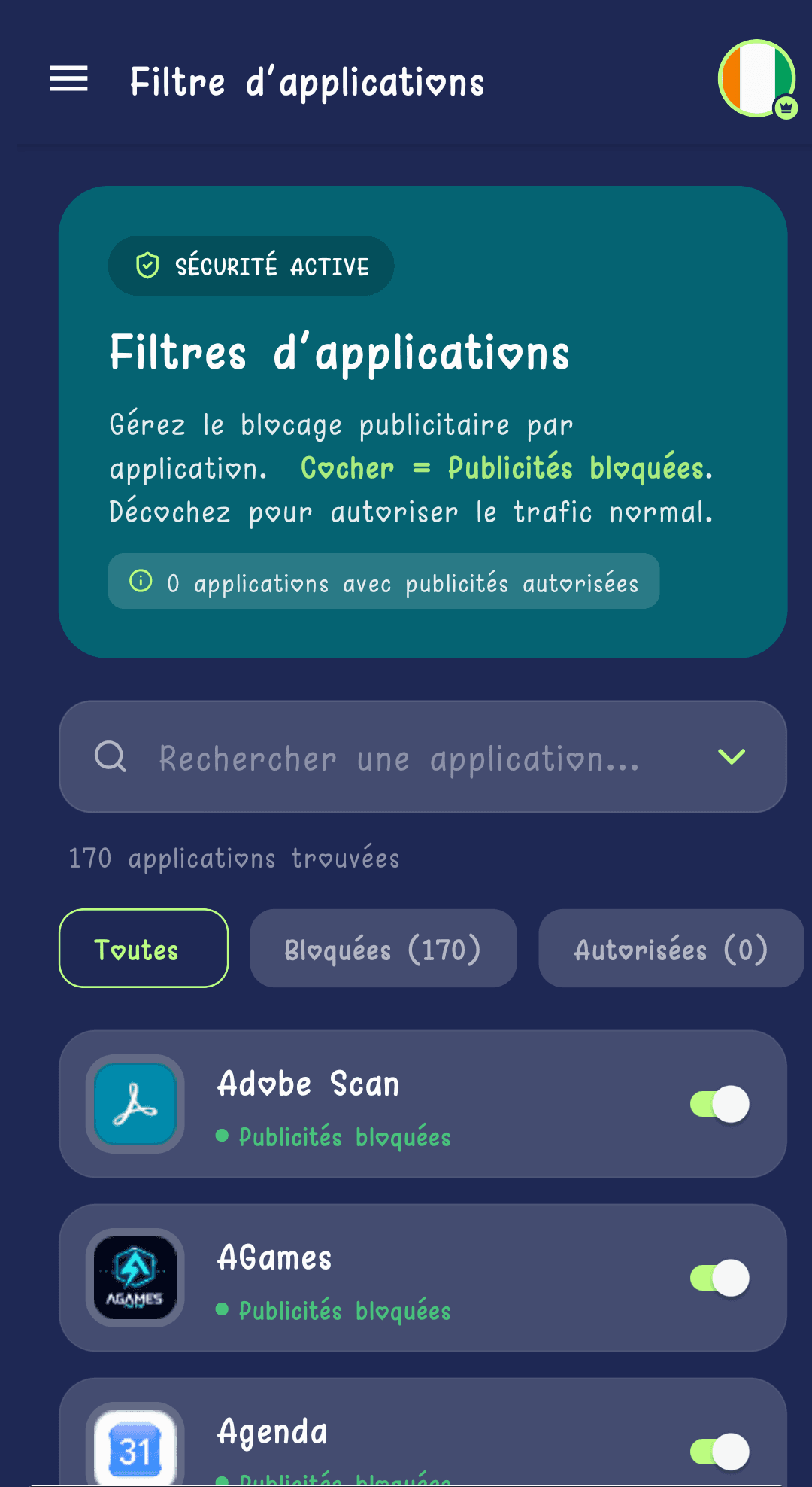 Écran Filtre d'applications listant les apps avec un interrupteur par application