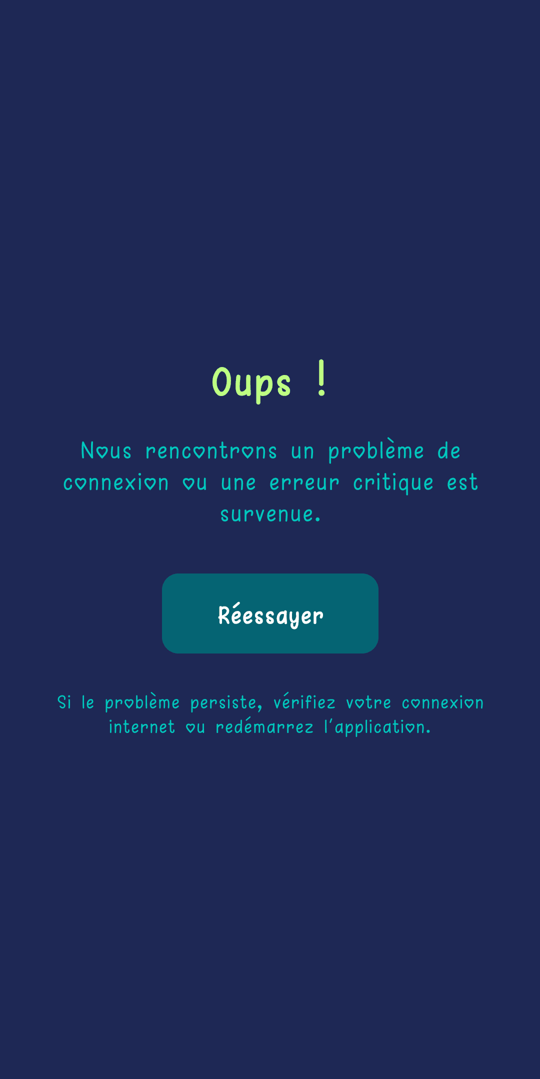Écran d’erreur générale avec le bouton Réessayer