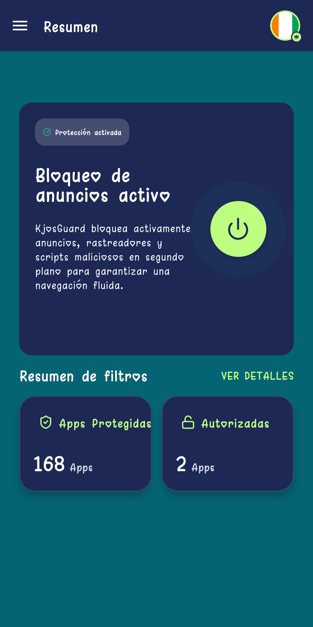 Pantalla de inicio de la app KjosGuard: bloqueo de anuncios activo, 169 aplicaciones protegidas