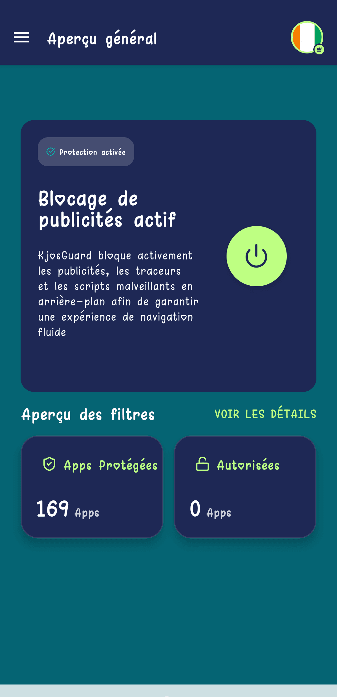 Écran d'accueil de l'application KjosGuard : blocage de publicités actif, 169 applications protégées
