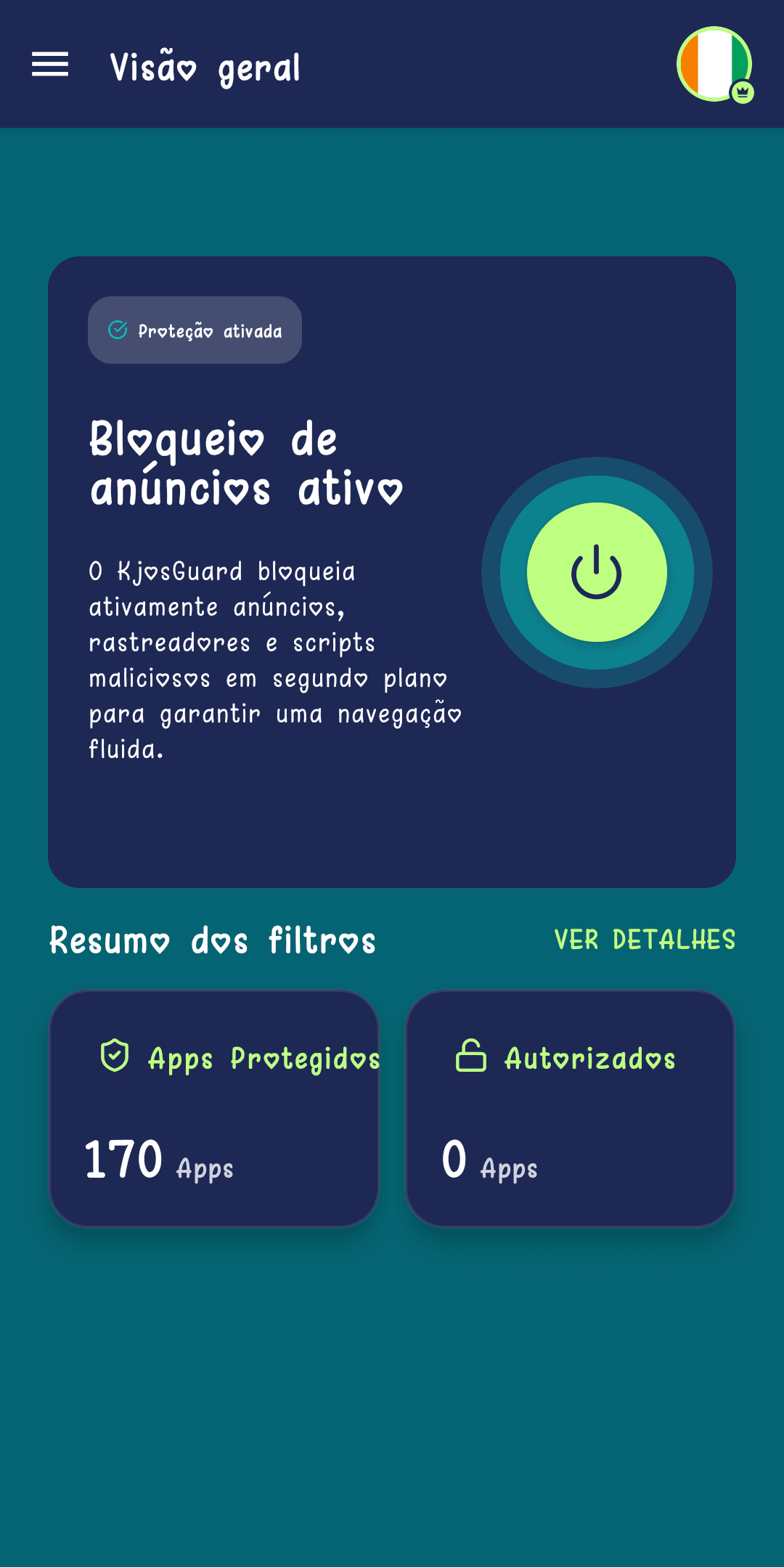 Tela inicial do app KjosGuard: bloqueio de anúncios ativo, 169 aplicativos protegidos