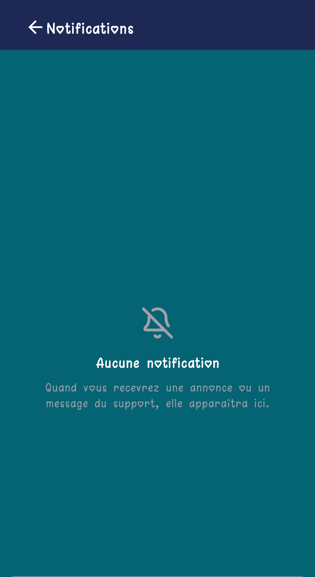 Écran Notifications vide avec le message « Aucune notification »