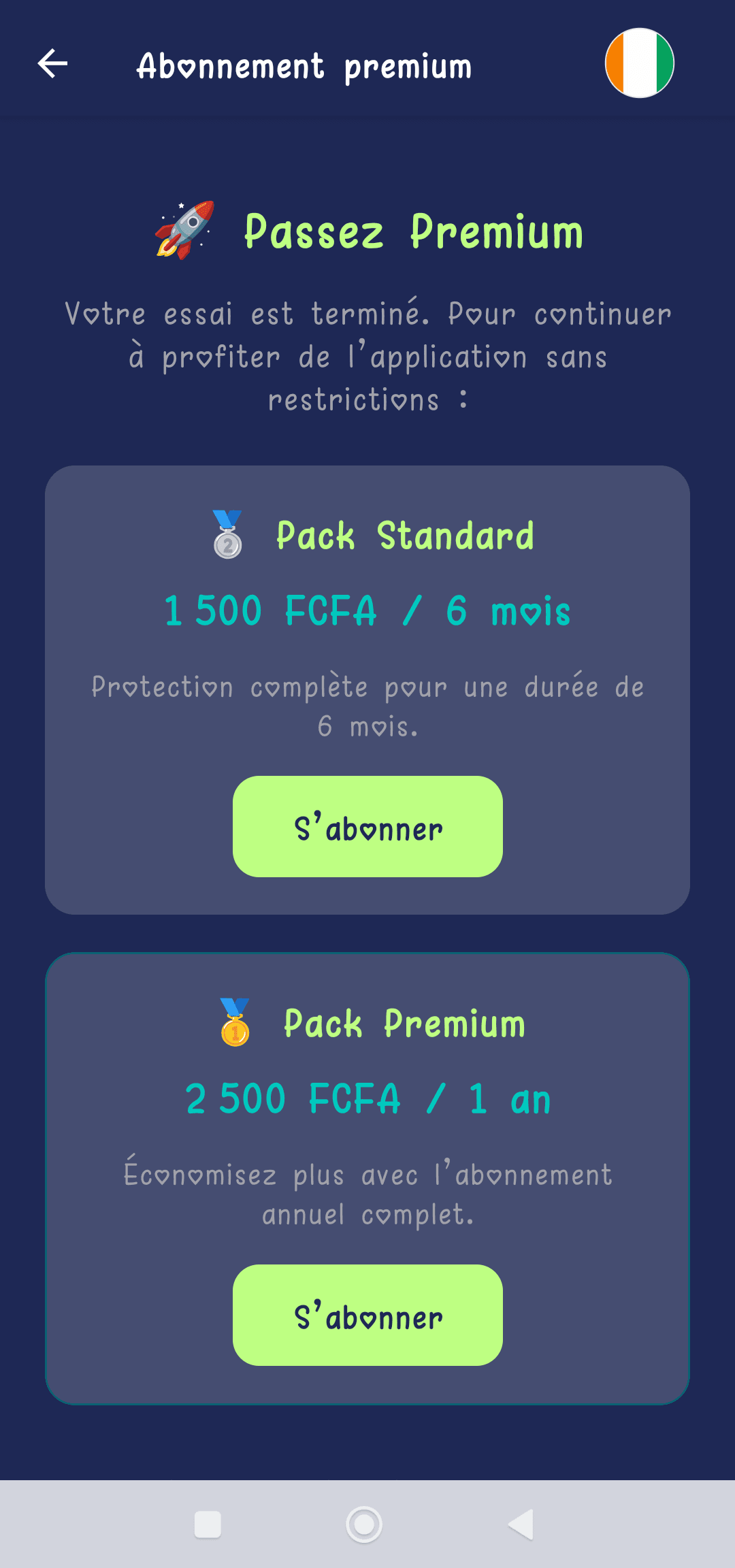 Écran Abonnement premium avec les packs Standard et Premium