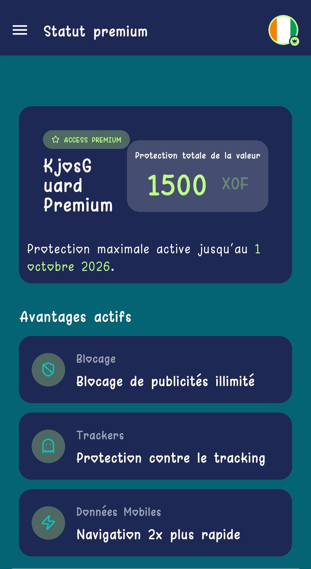 Écran de statut premium indiquant le montant payé et la date de fin de protection
