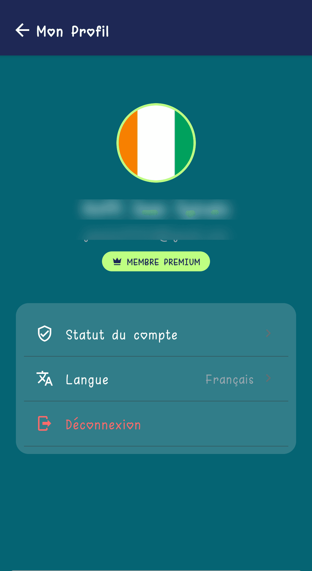 Écran Mon Profil avec le statut du compte, le sélecteur de langue et le bouton de déconnexion