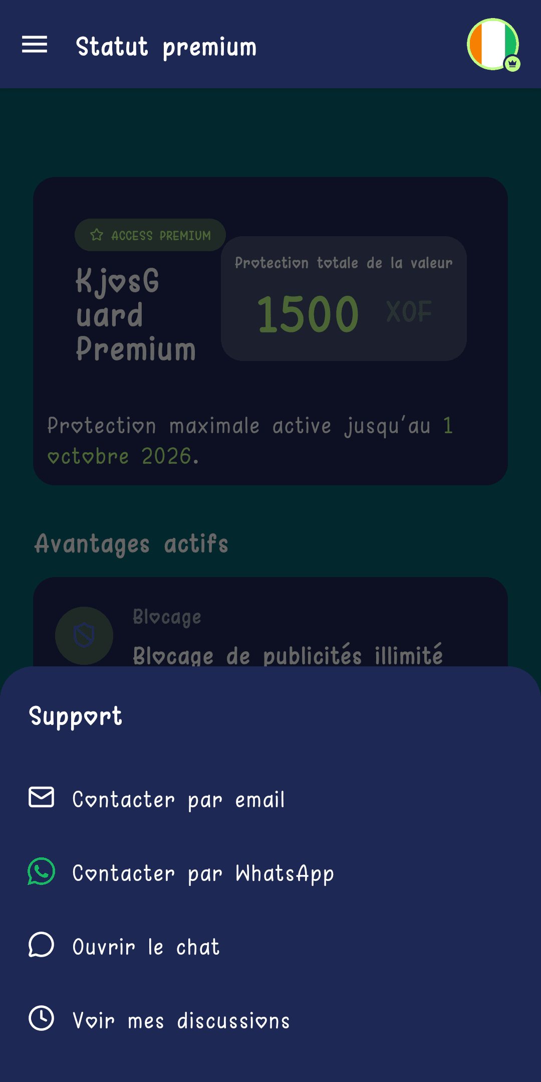 Carte « Besoin d’aide ? Contactez notre support 24/7 » sur l’écran de statut premium