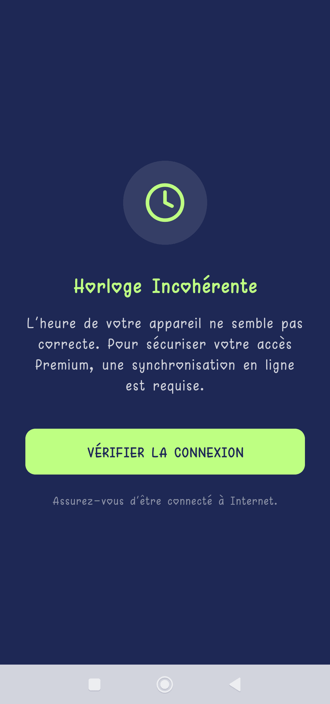 Écran Horloge Incohérente demandant une synchronisation en ligne