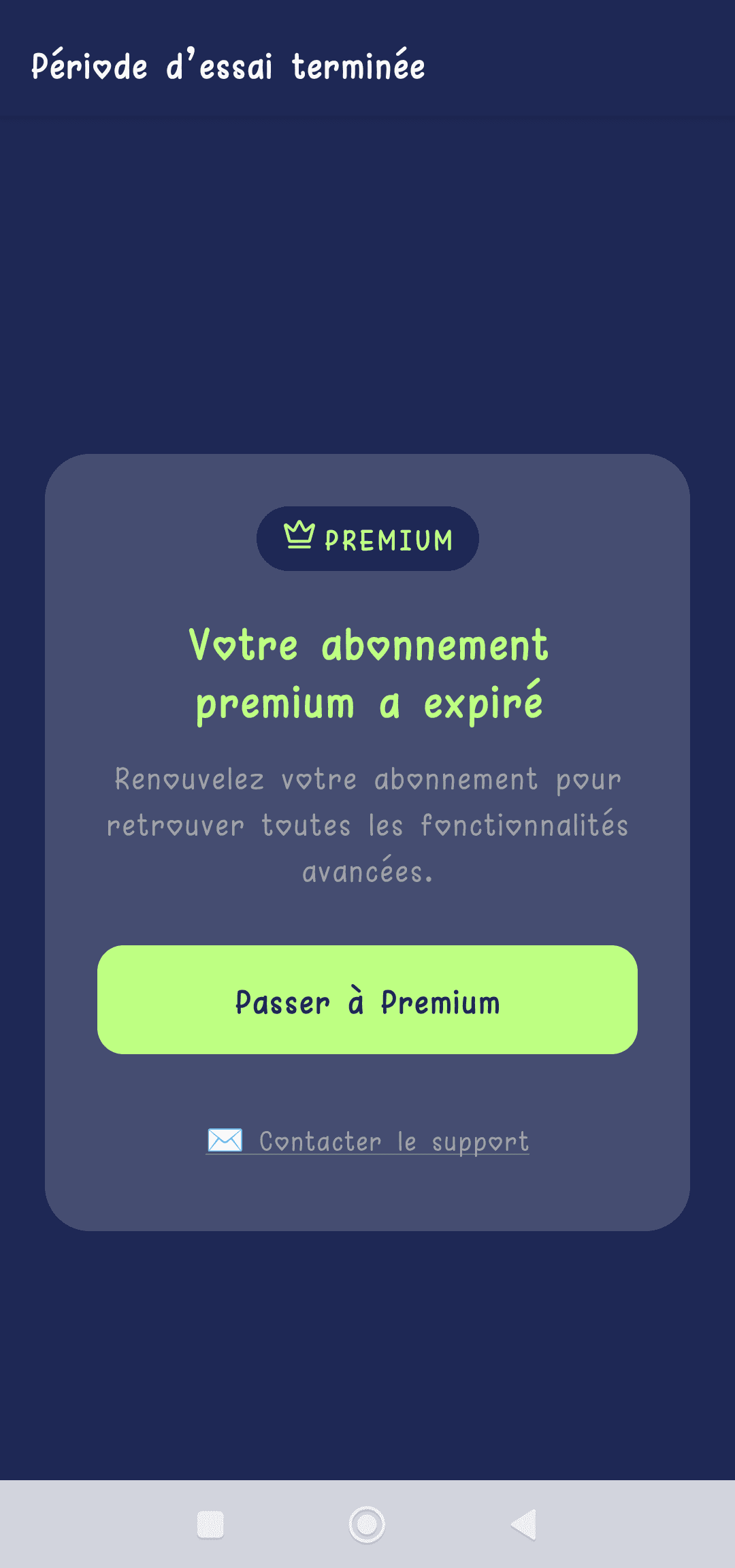 Écran affiché à la fin de la période d'essai gratuite