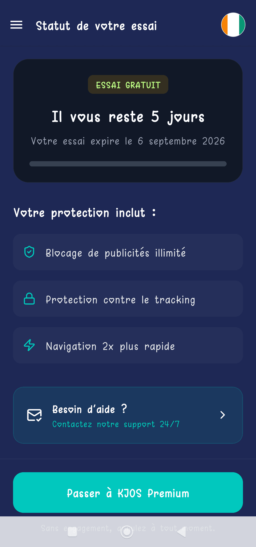Écran Statut de votre essai indiquant 5 jours restants et la date d’expiration