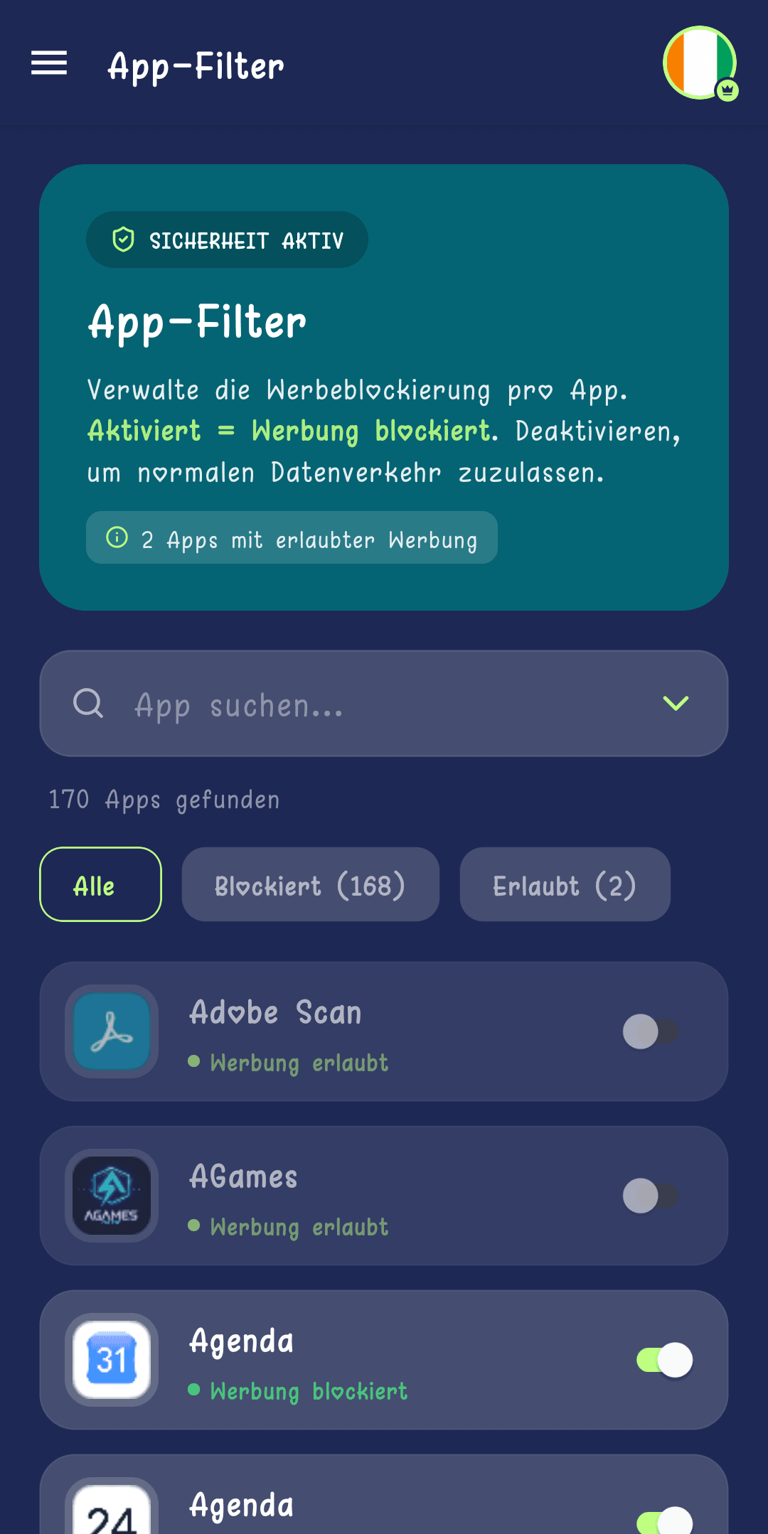 App-Filter-Bildschirm mit einer Liste der Apps und je einem Schalter