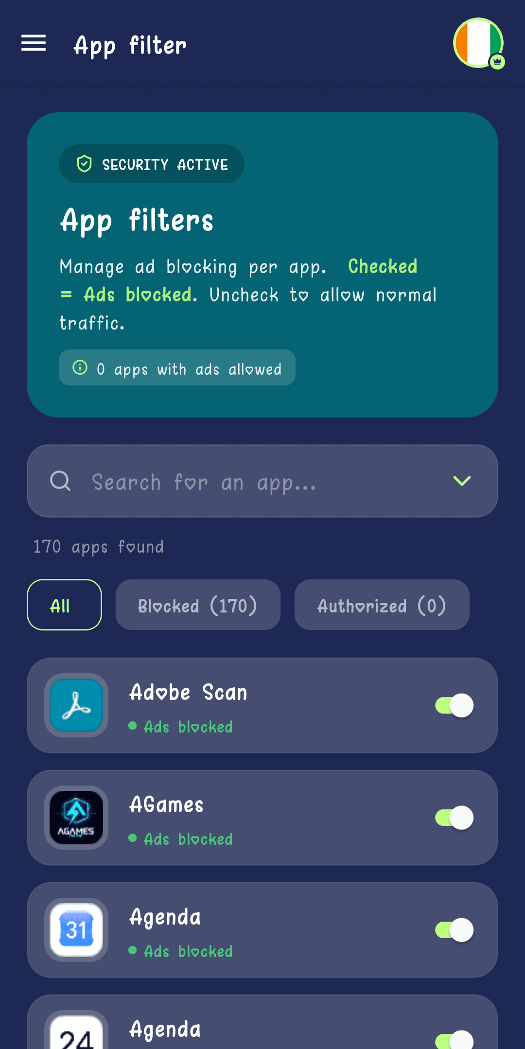 App Filter screen listing apps with a toggle for each one