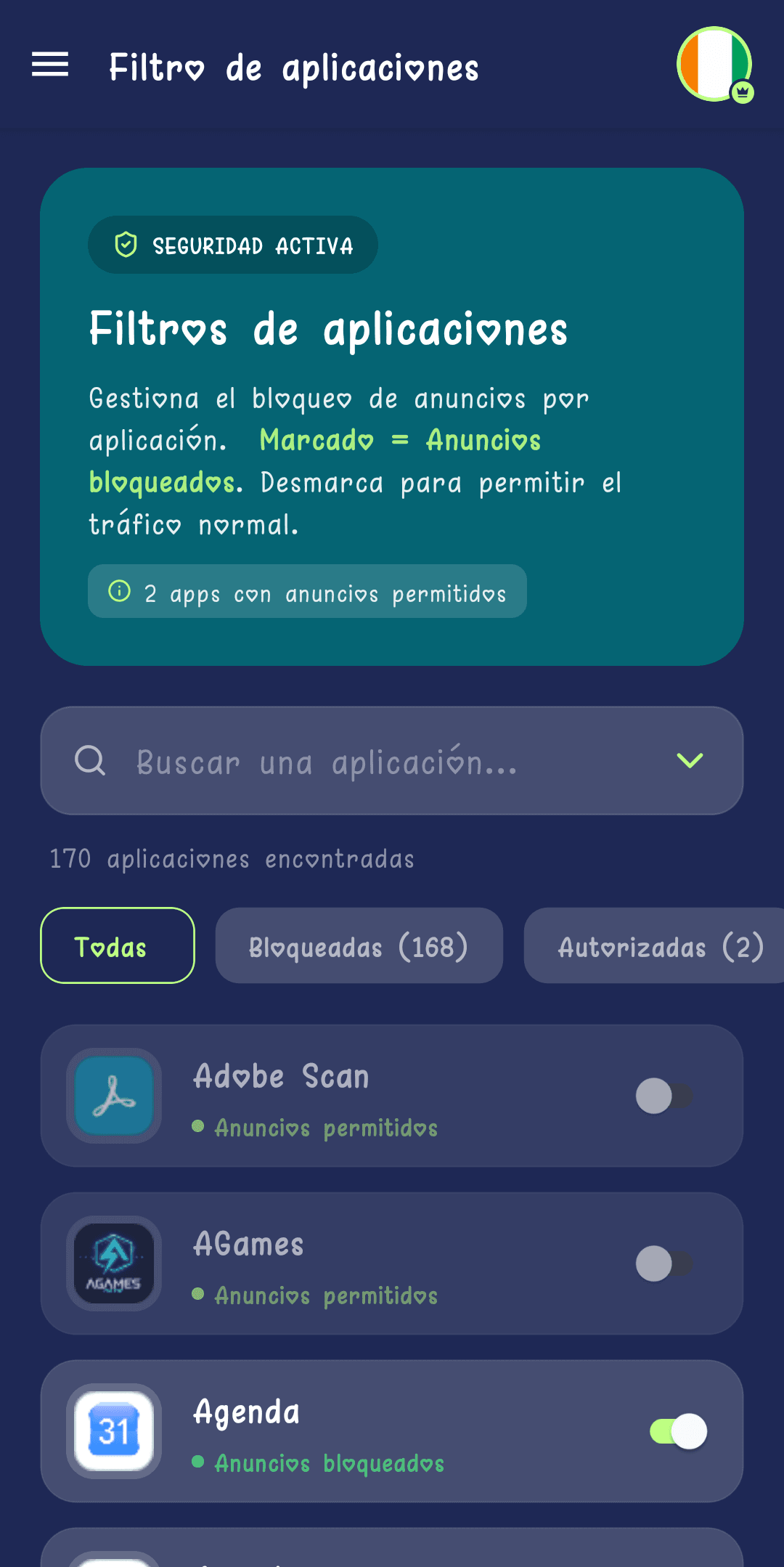 Pantalla Filtro de aplicaciones que muestra las apps con un interruptor por aplicación