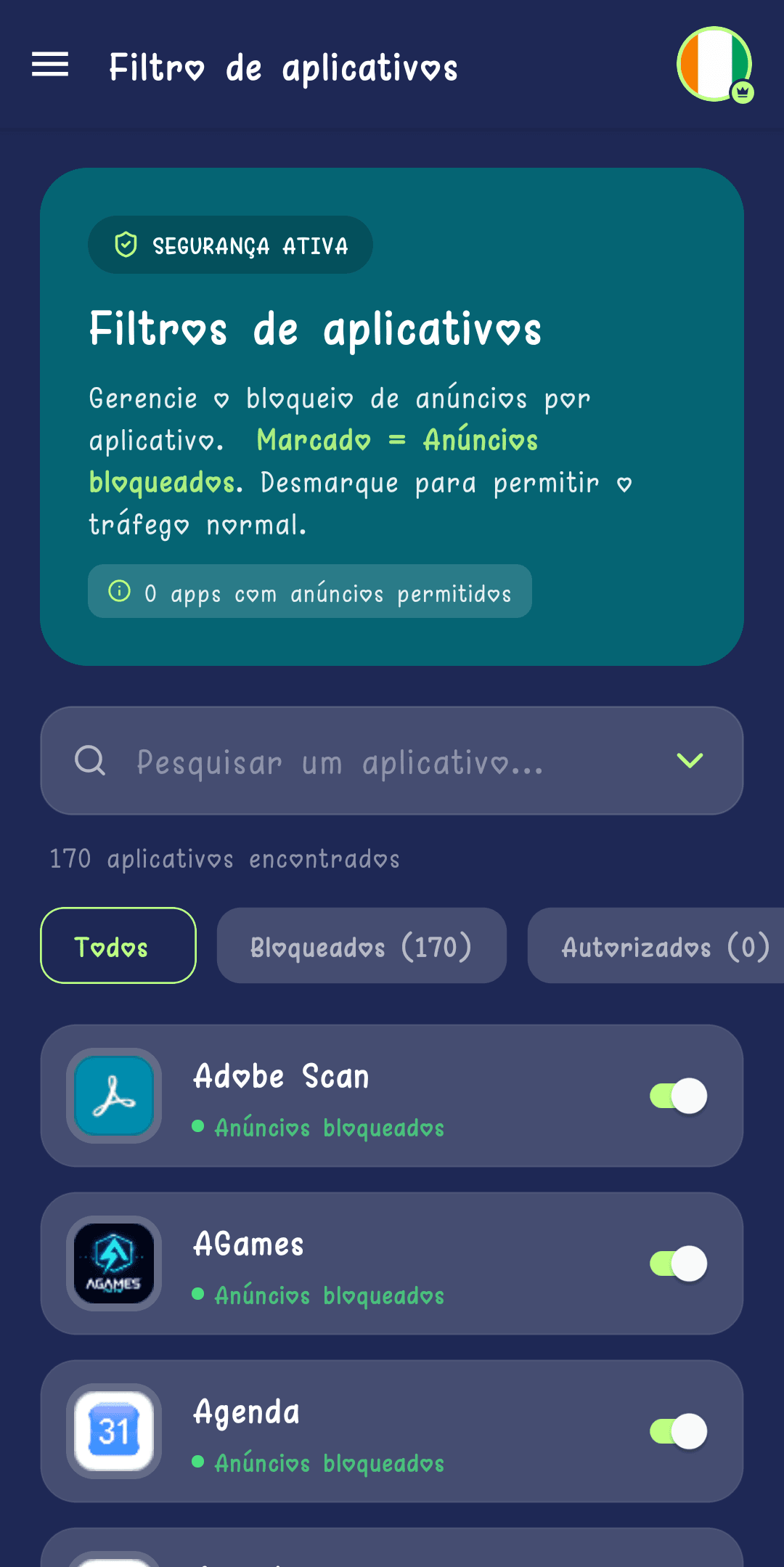 Ecrã Filtro de aplicações a listar as apps com um interruptor por aplicação