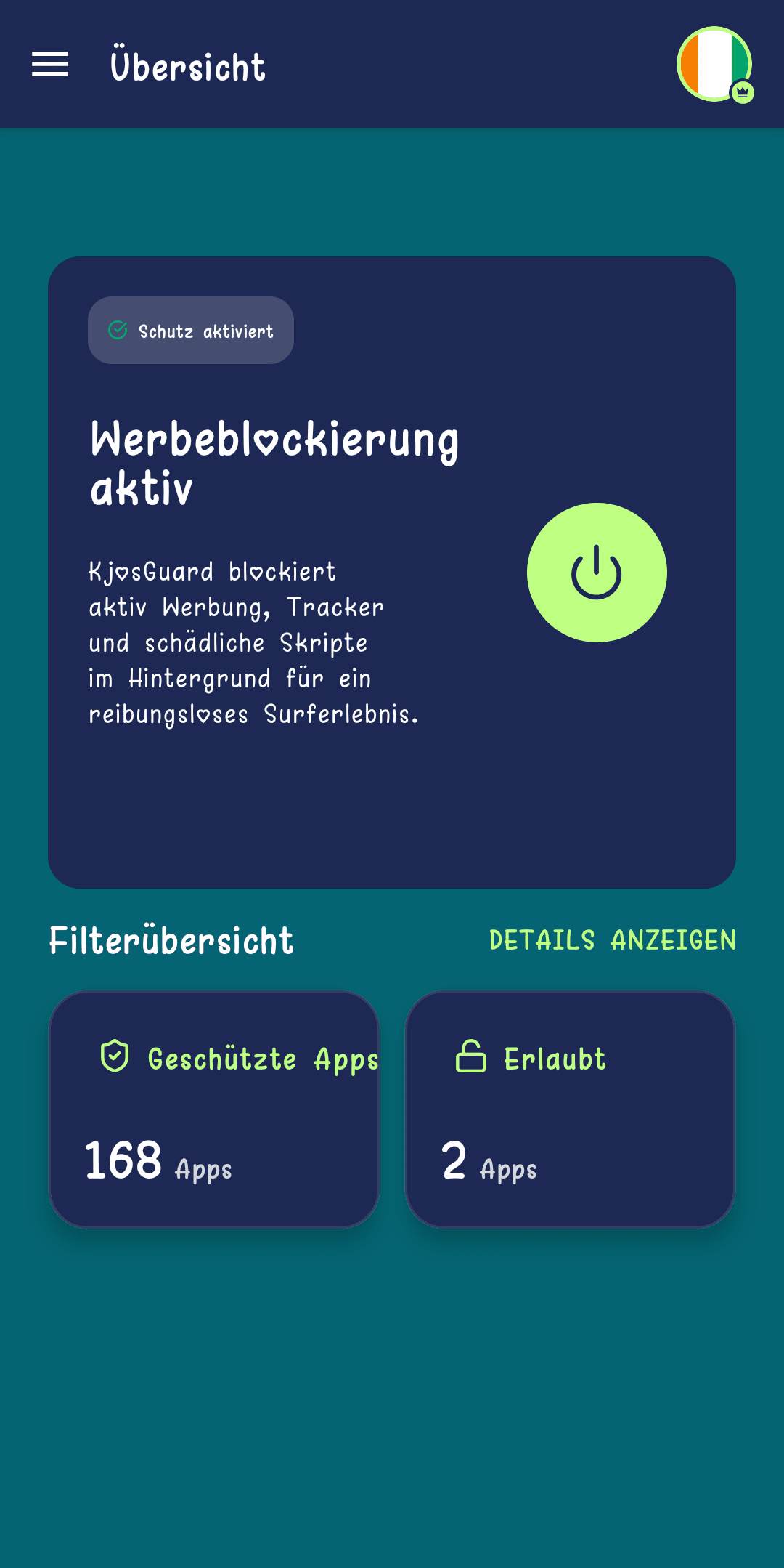 Startbildschirm der KjosGuard-App: Werbeblocker aktiv, 169 geschützte Apps