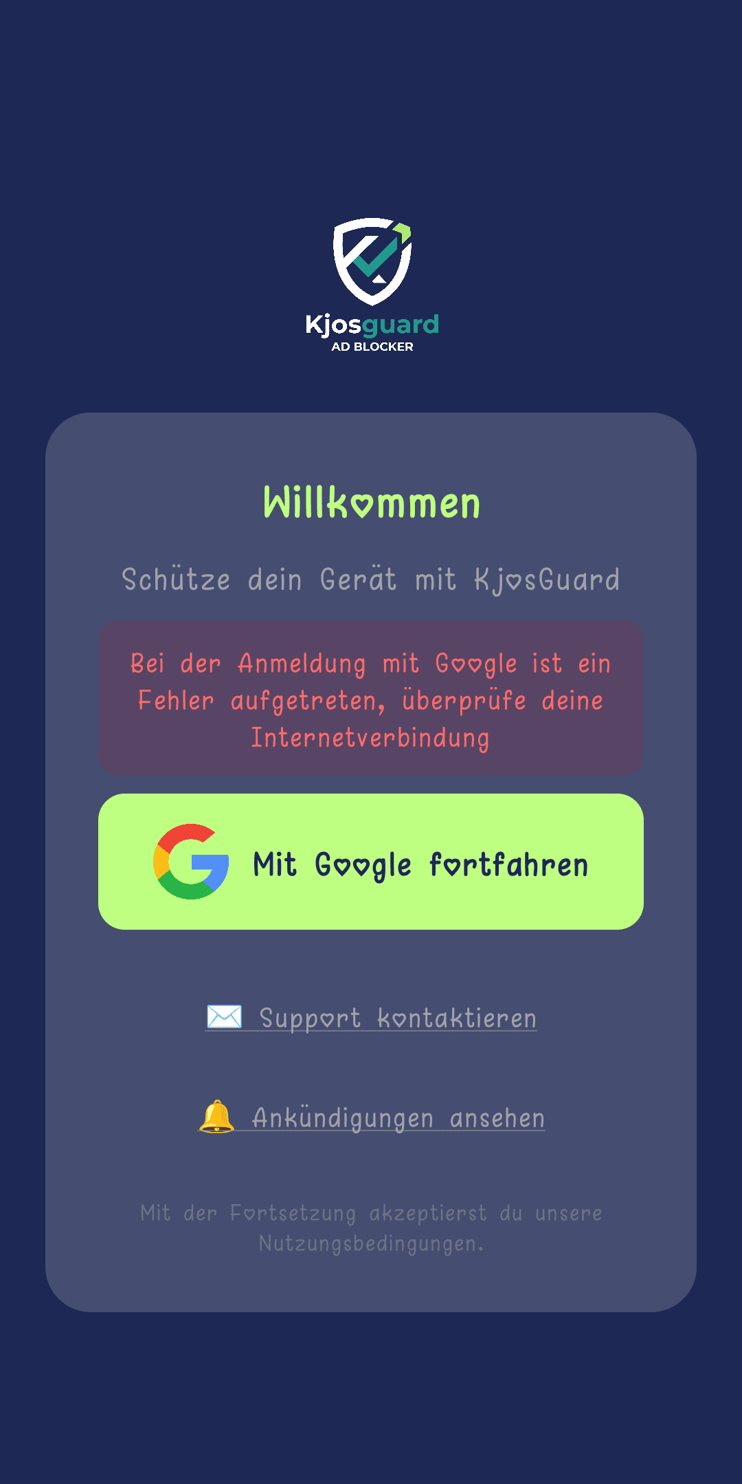 Anmeldebildschirm mit der Meldung „Bei der Anmeldung mit Google ist ein Fehler aufgetreten"