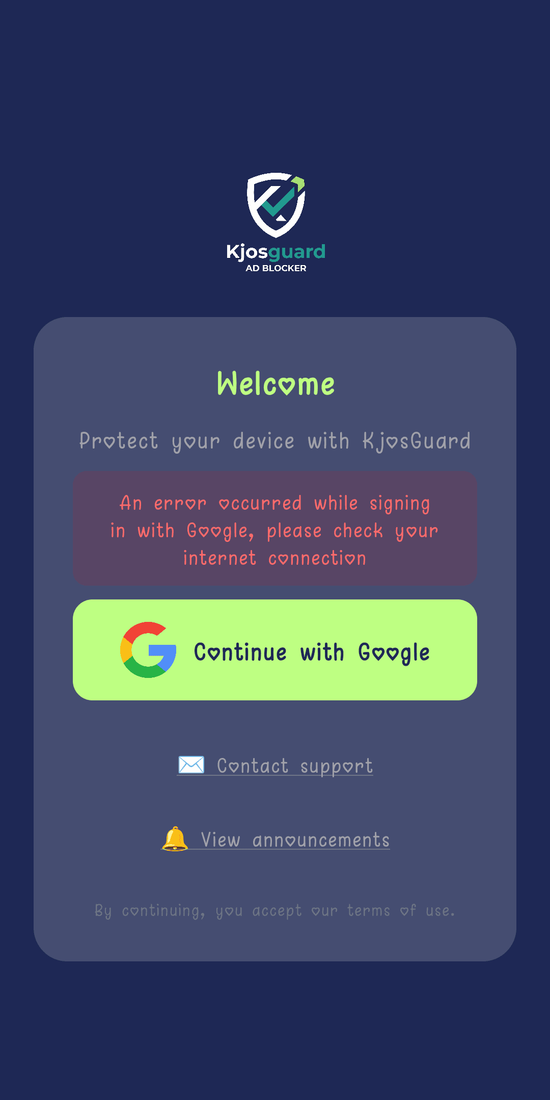 Sign-in screen showing "An error occurred signing in with Google"