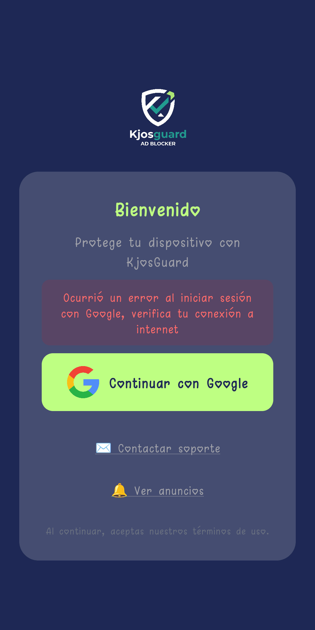 Pantalla de inicio de sesión que muestra "Se ha producido un error al iniciar sesión con Google"