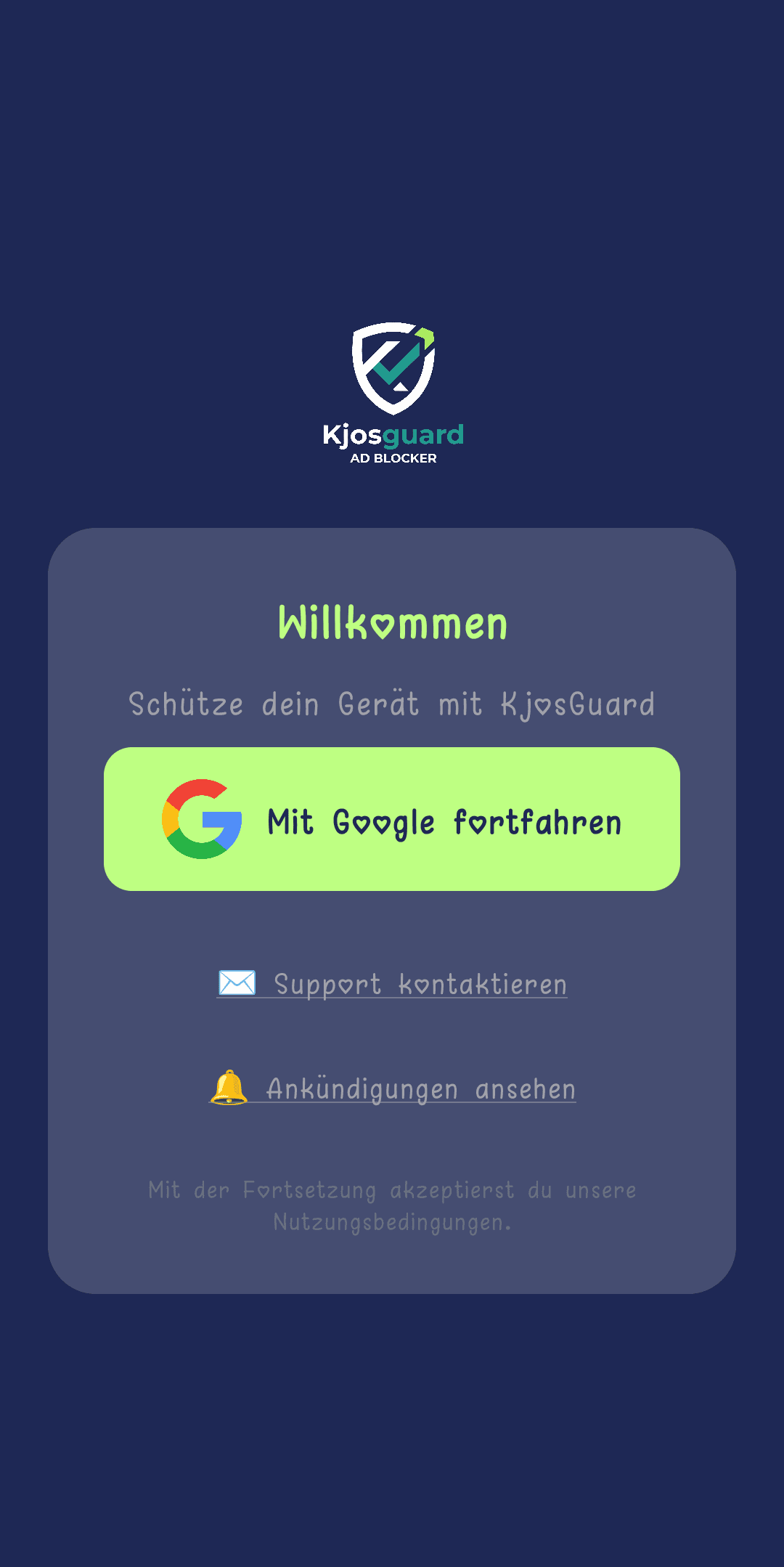 KjosGuard-Anmeldebildschirm mit der Schaltfläche „Weiter mit Google"