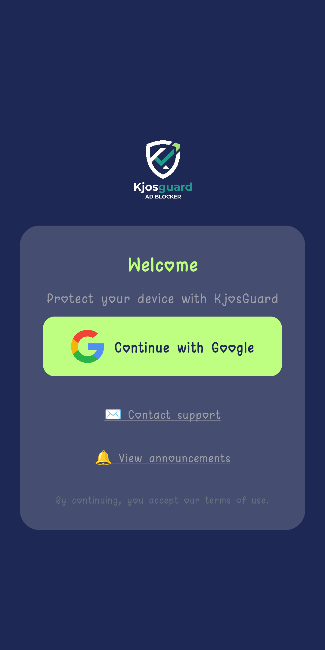 KjosGuard sign-in screen with the Continue with Google button
