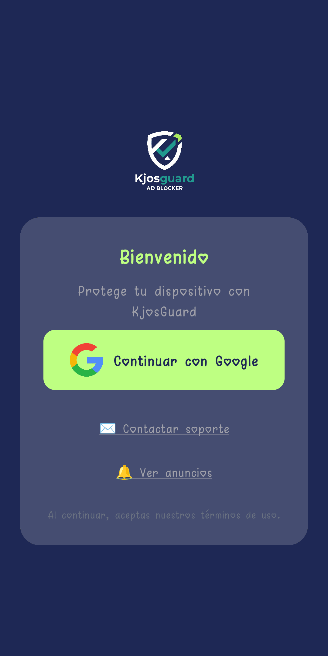 Pantalla de inicio de sesión de KjosGuard con el botón Continuar con Google