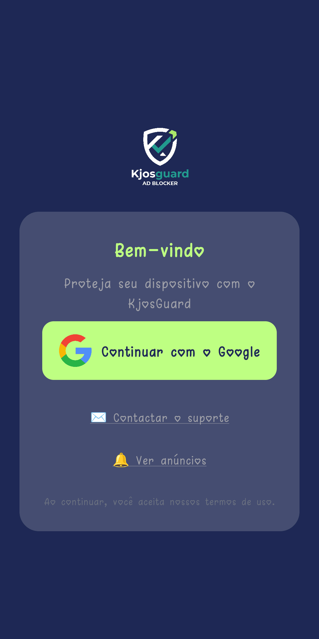 Ecrã de início de sessão do KjosGuard com o botão Continuar com o Google