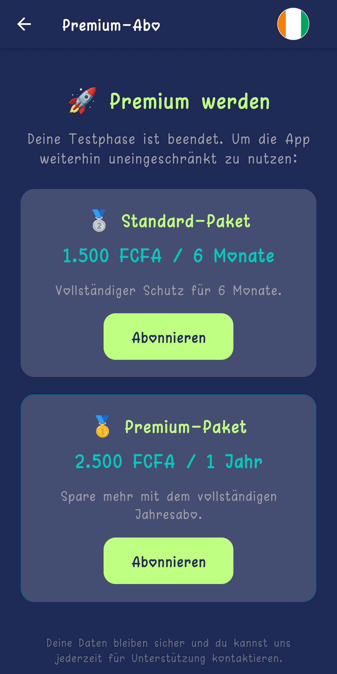 Bildschirm für das Premium-Abo mit den Paketen Standard und Premium