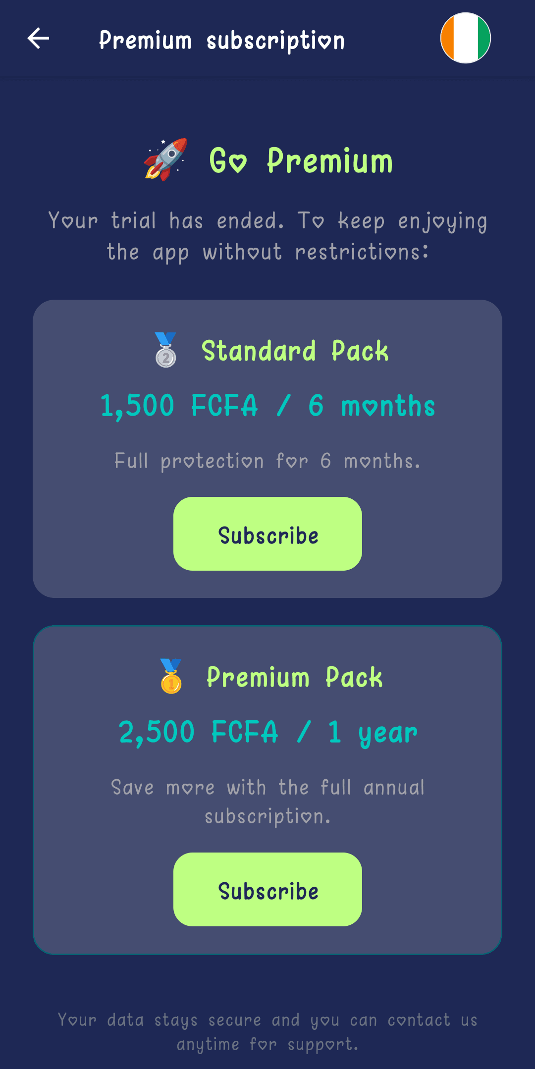 Subscription screen with the Standard and Premium packs