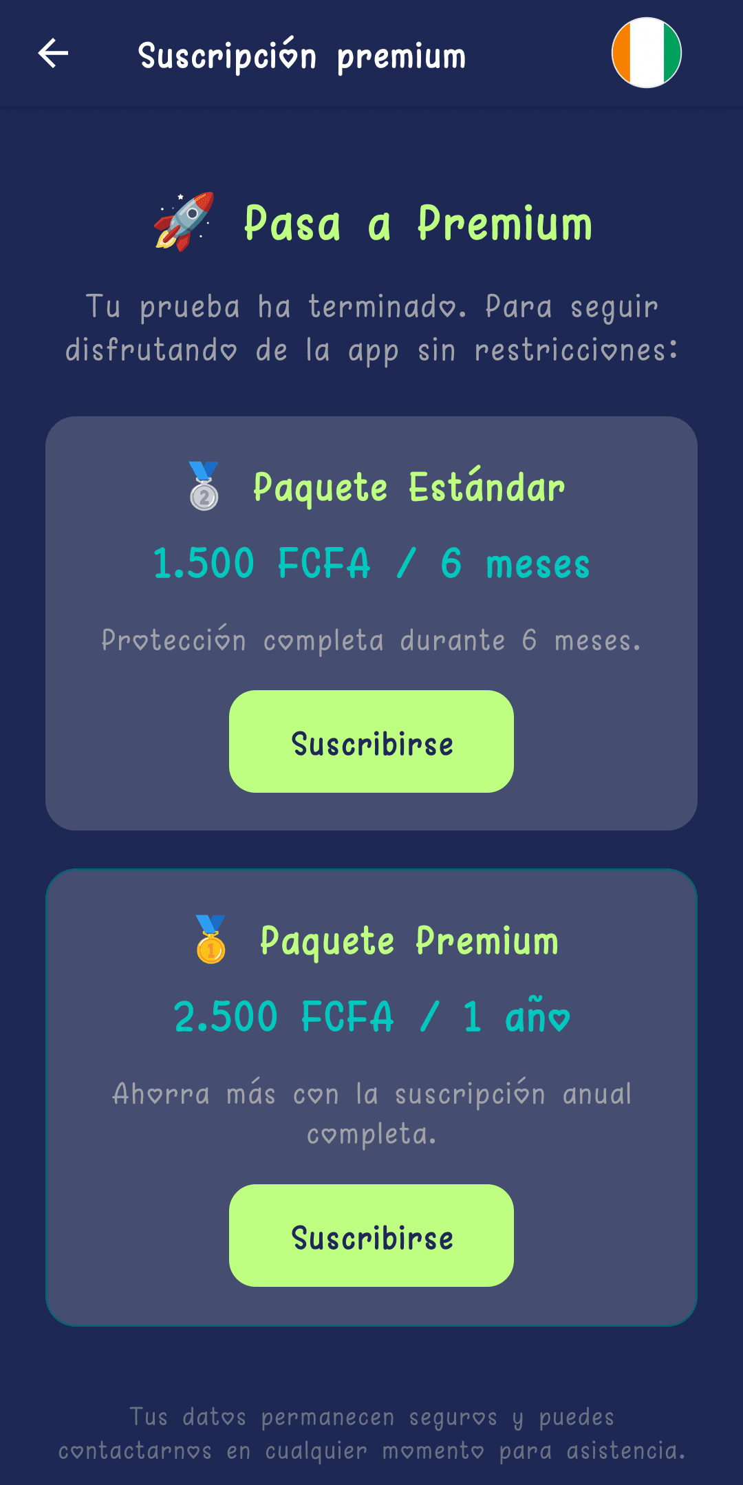 Pantalla de Suscripción premium con los paquetes Estándar y Premium