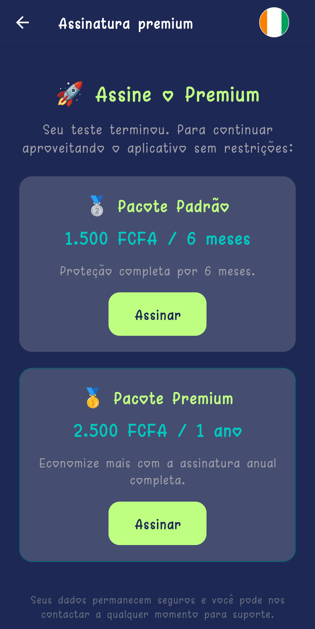 Ecrã de Subscrição premium com os pacotes Standard e Premium