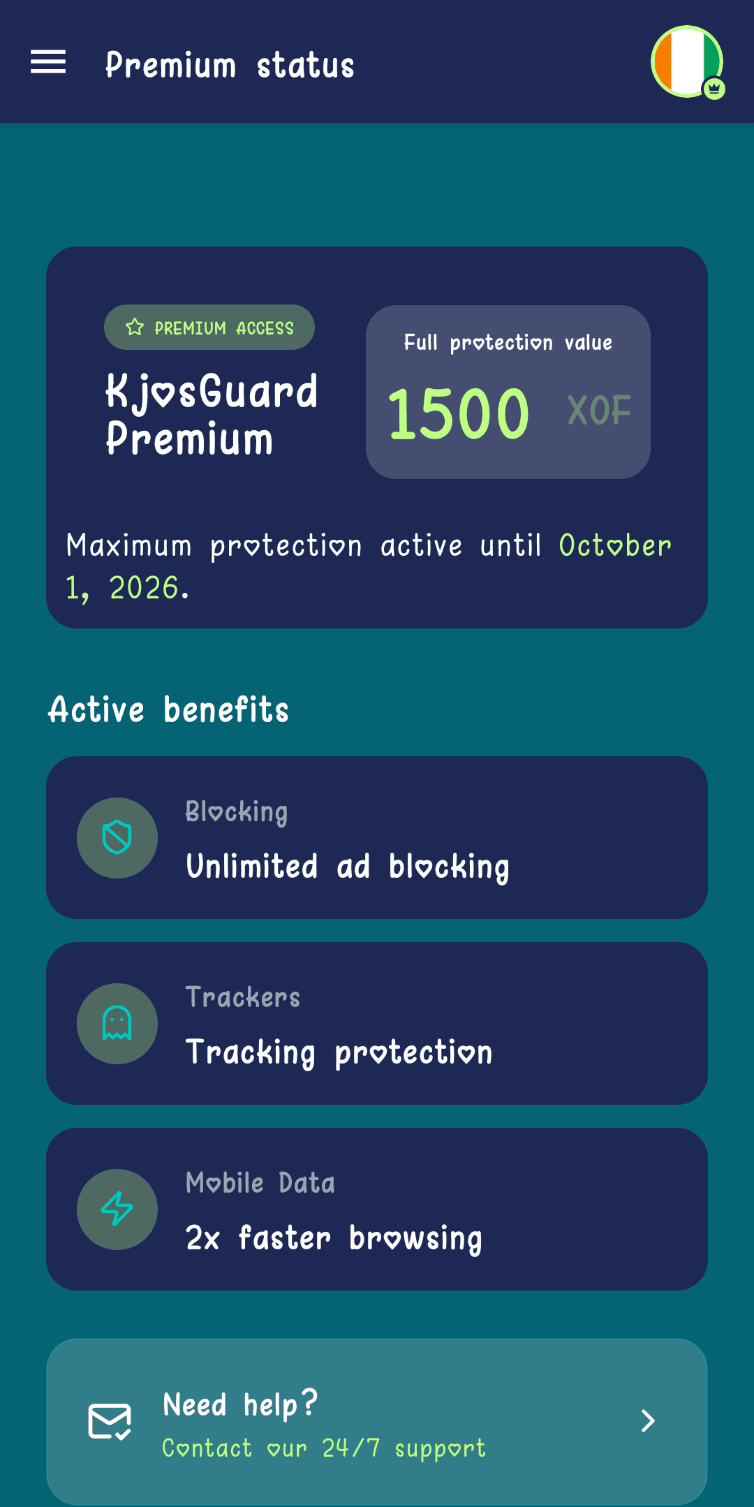 Premium status screen showing the amount paid and protection expiry date