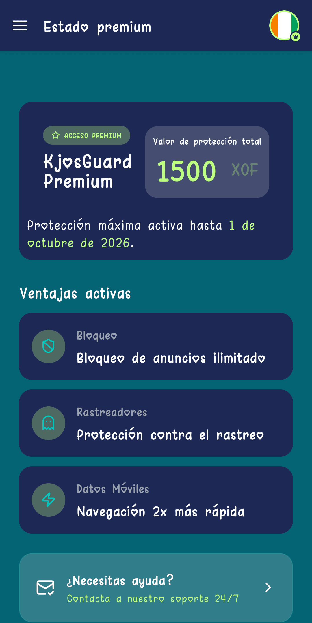 Pantalla de estado premium que indica el importe pagado y la fecha de fin de la protección