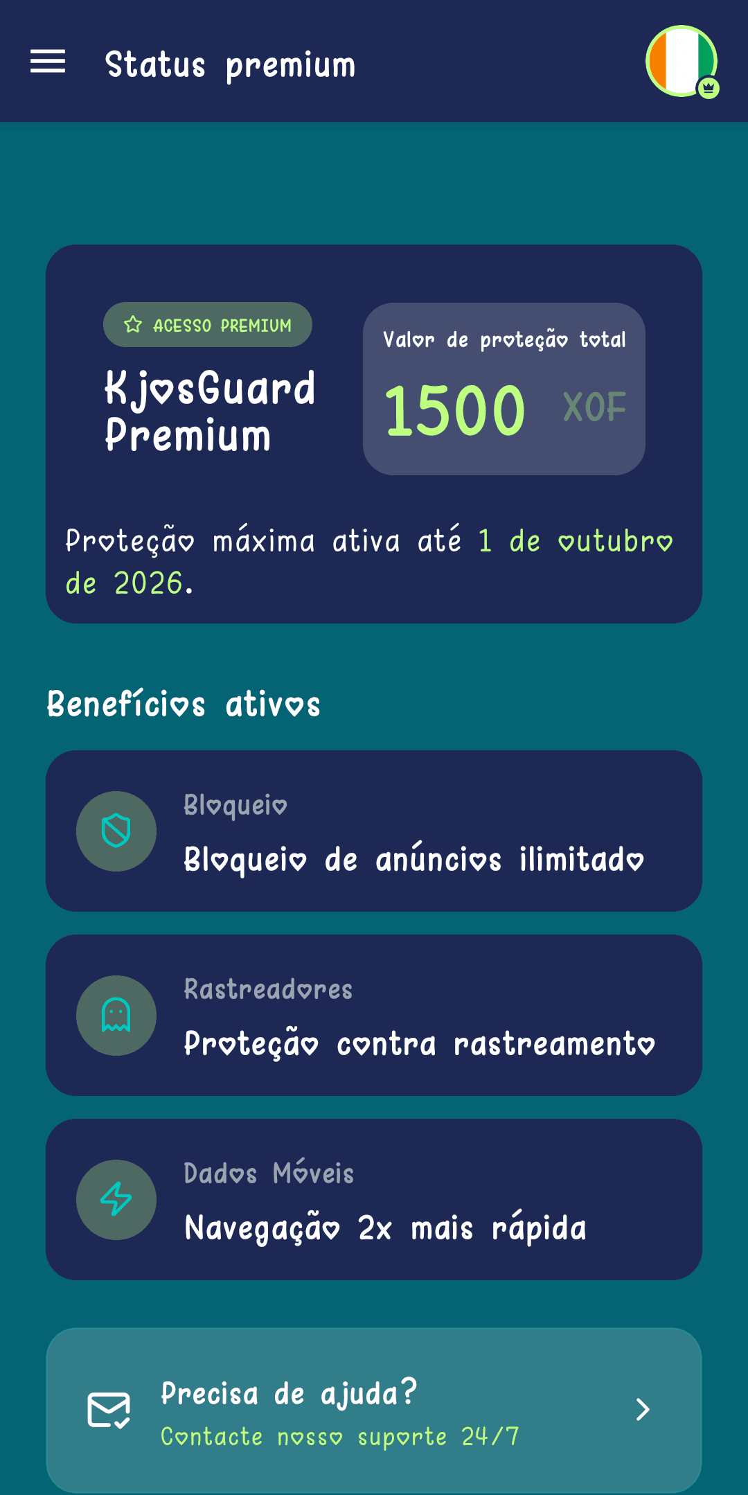 Ecrã de estatuto premium a indicar o valor pago e a data de fim da proteção