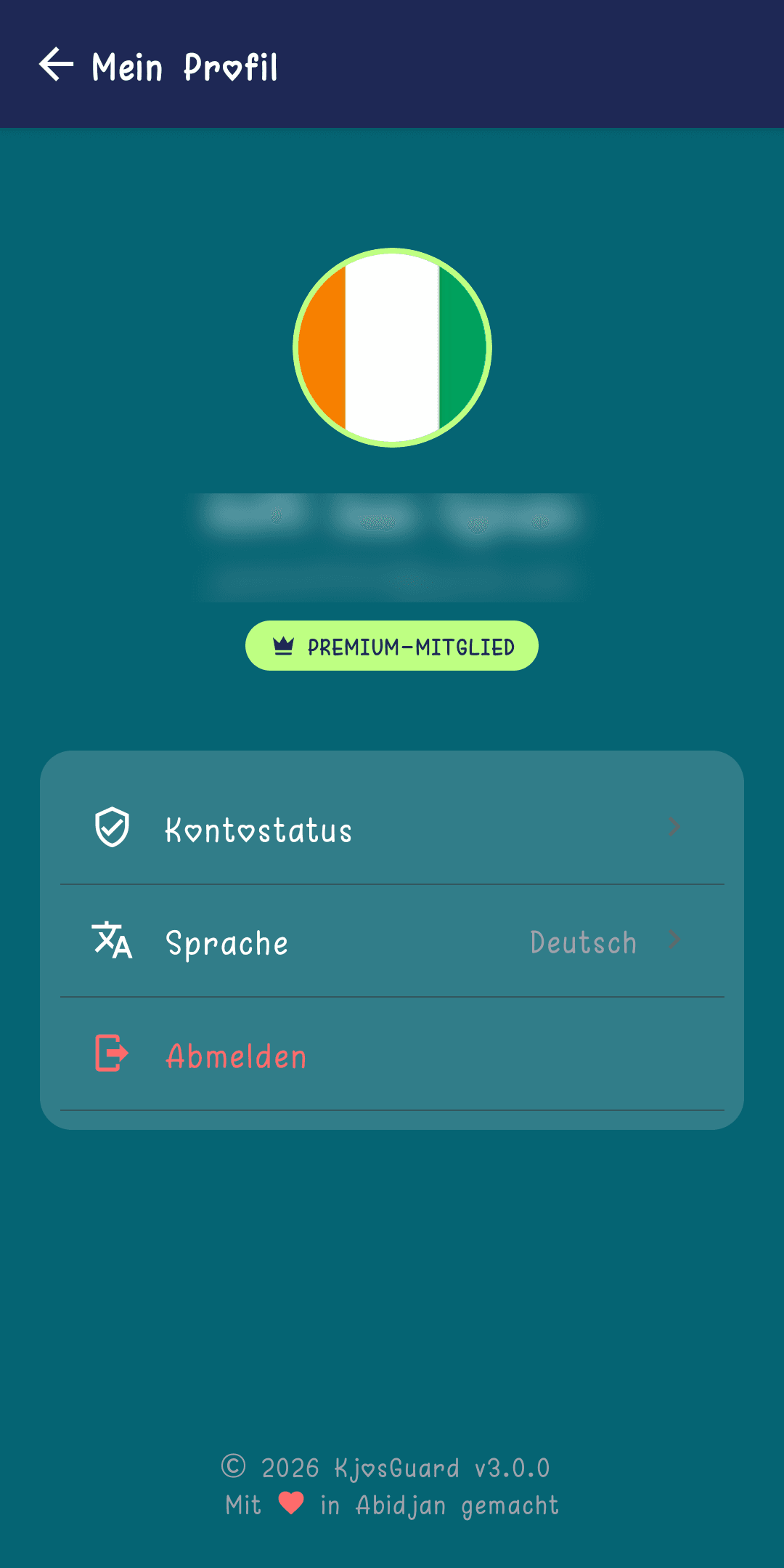 Bildschirm „Mein Profil" mit Kontostatus, Sprachauswahl und Abmelde-Schaltfläche