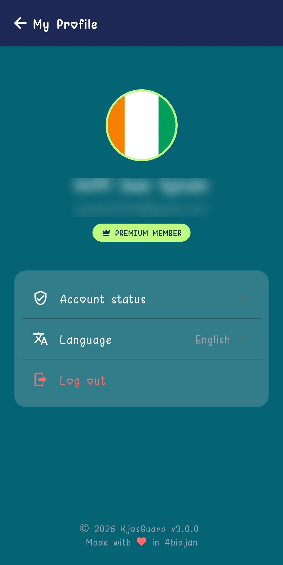 My Profile screen with account status, language selector, and sign-out button