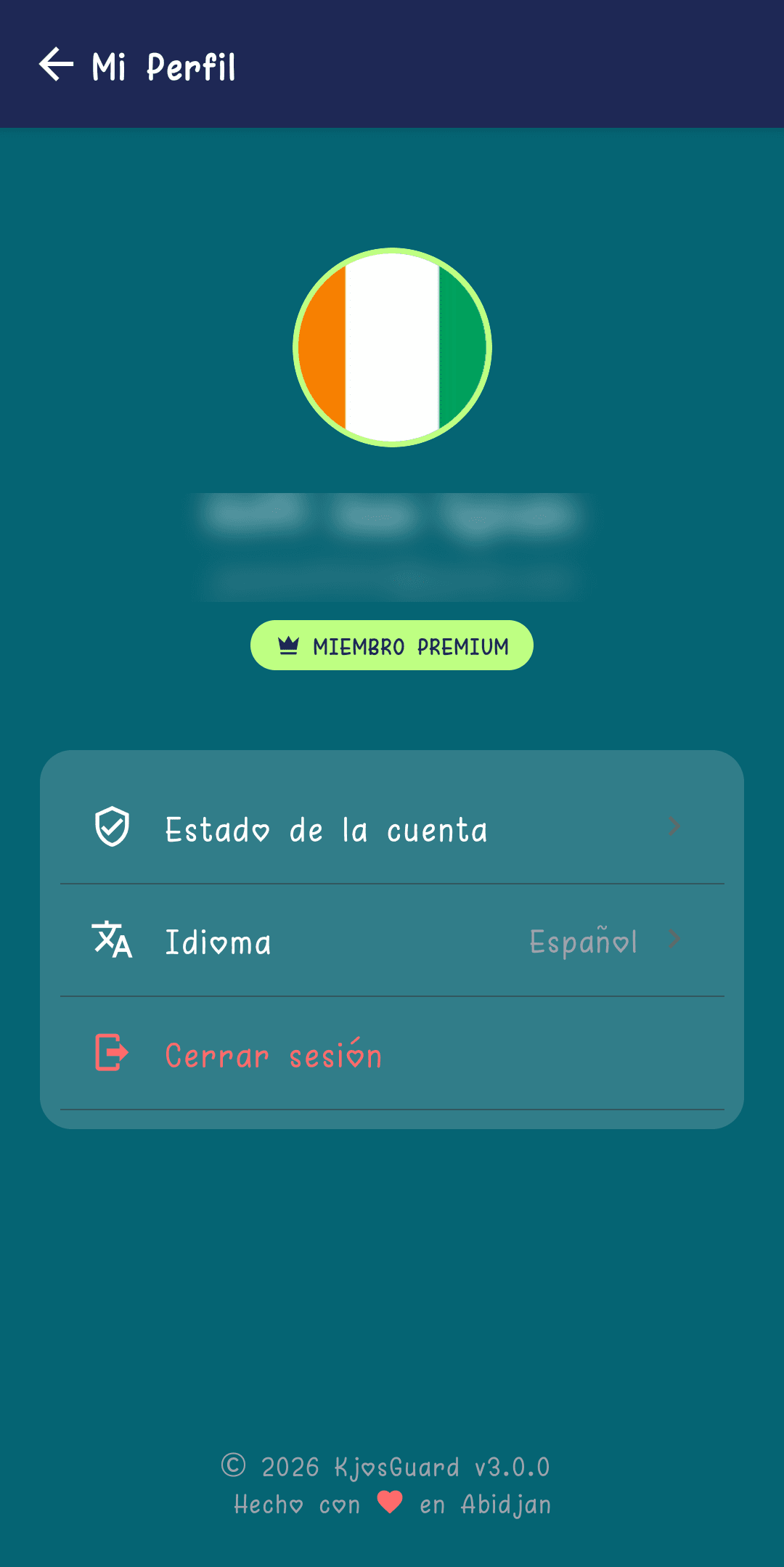 Pantalla Mi Perfil con el estado de la cuenta, el selector de idioma y el botón de cerrar sesión