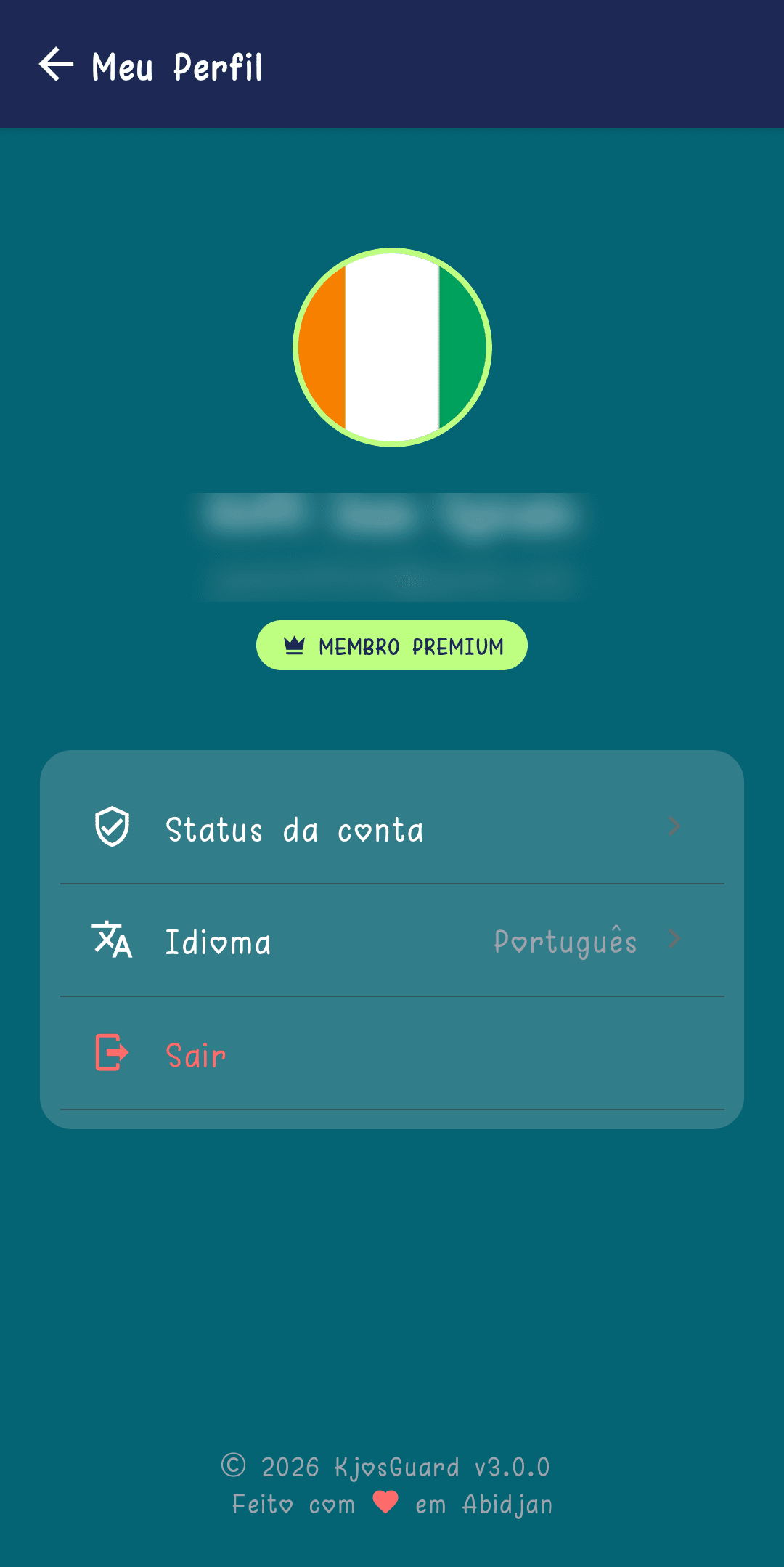 Ecrã O Meu Perfil com o estatuto da conta, o seletor de idioma e o botão de terminar sessão