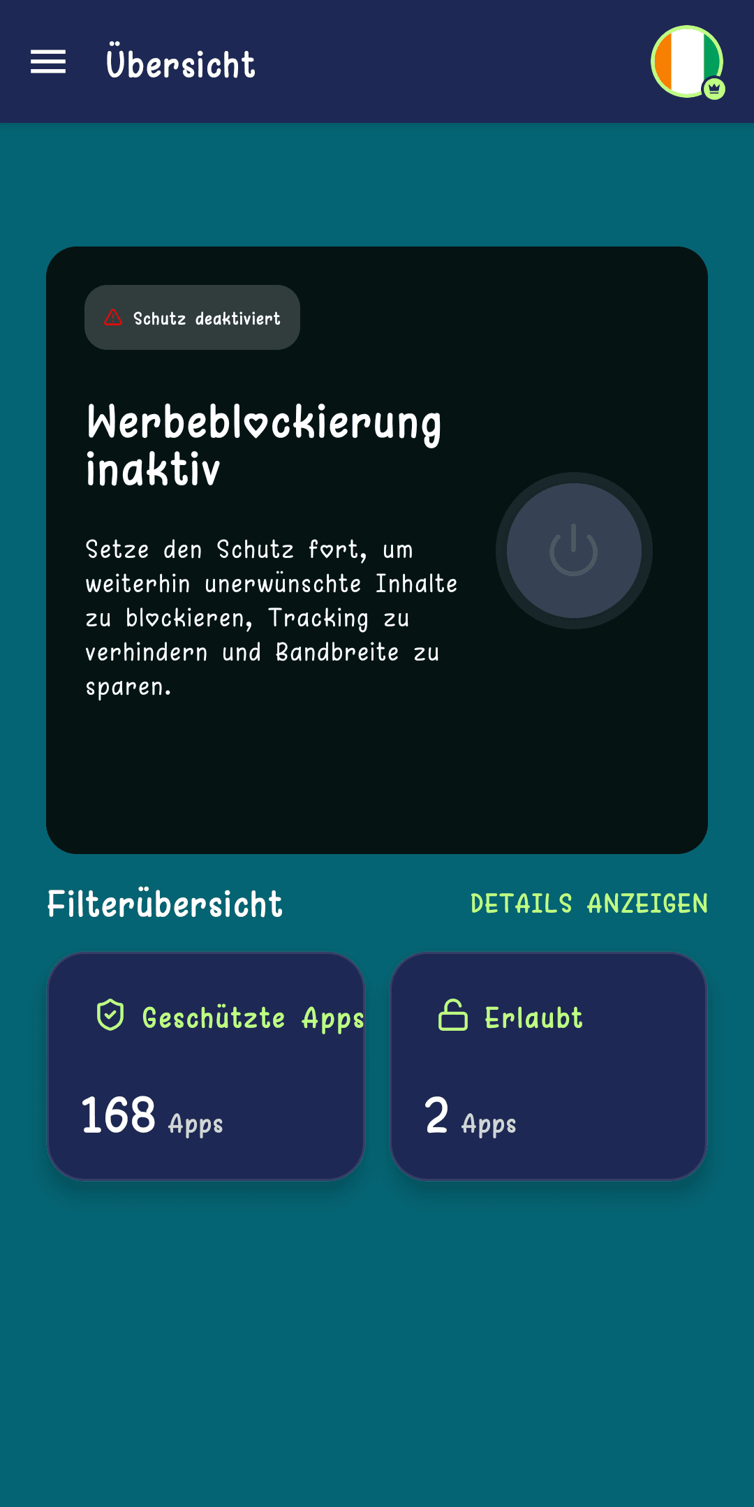 Startbildschirm mit der Anzeige „Schutz deaktiviert" und „Werbeblockierung inaktiv"