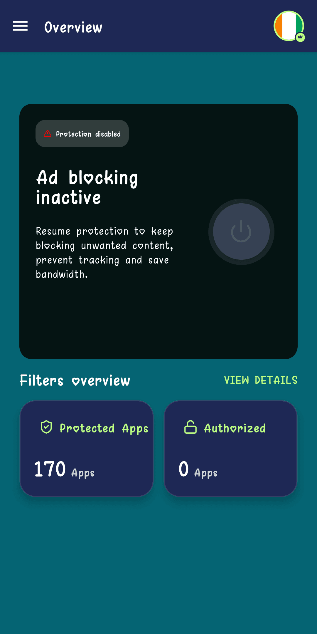 Home screen showing "Protection off" and "Ad blocking inactive"