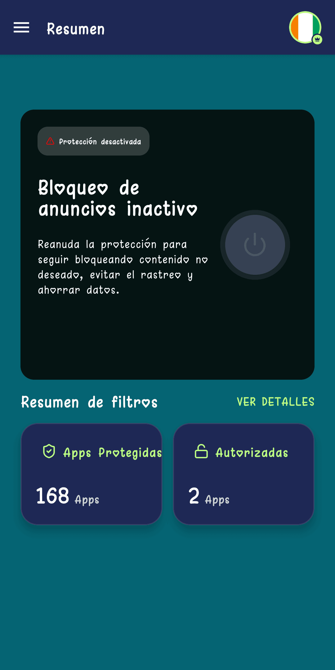 Pantalla de inicio que muestra "Protección desactivada" y "Bloqueo de anuncios inactivo"