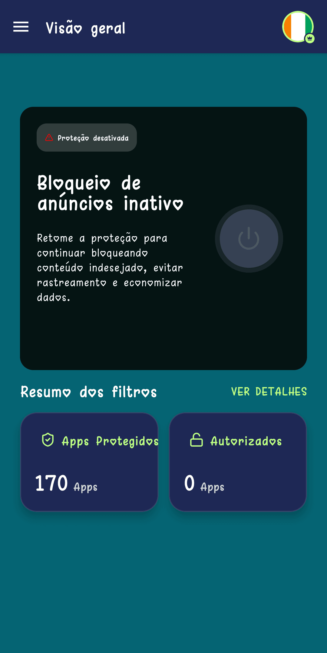 Ecrã principal a mostrar "Proteção desativada" e "Bloqueio de anúncios inativo"