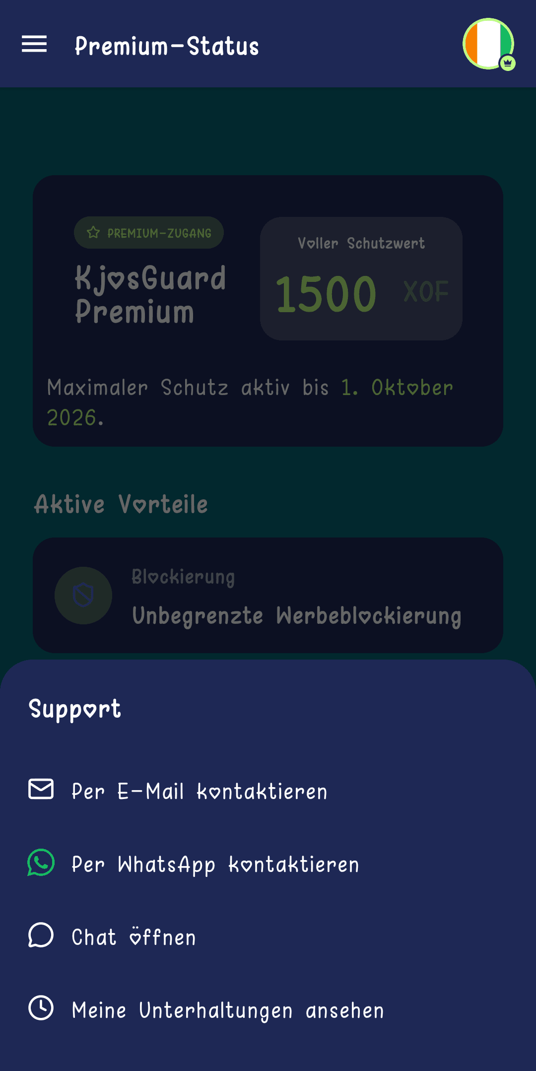 Karte „Brauchen Sie Hilfe? Kontaktieren Sie unseren 24/7-Support" auf dem Premium-Statusbildschirm