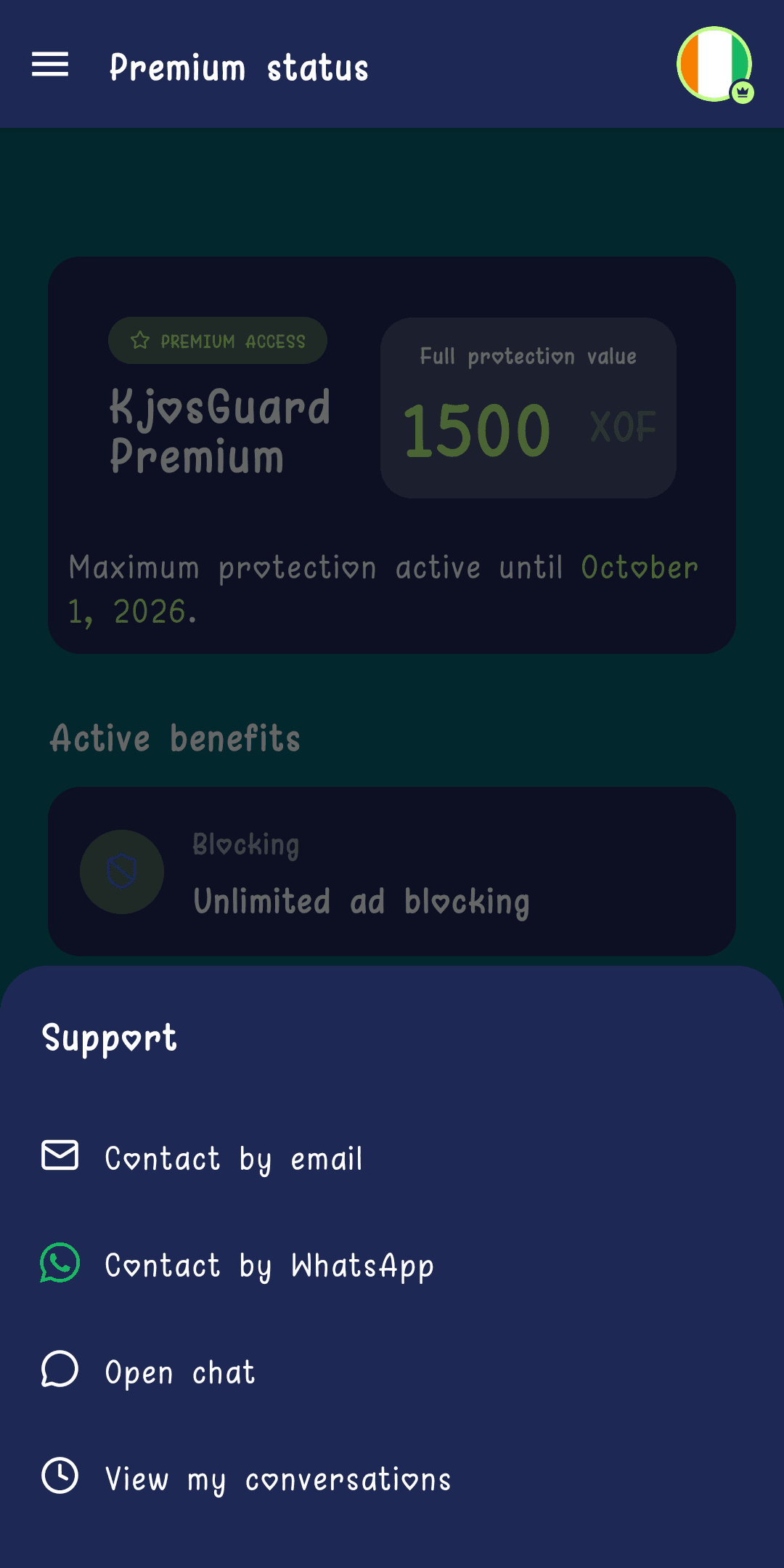 "Need help? Contact our 24/7 support" card on the premium status screen