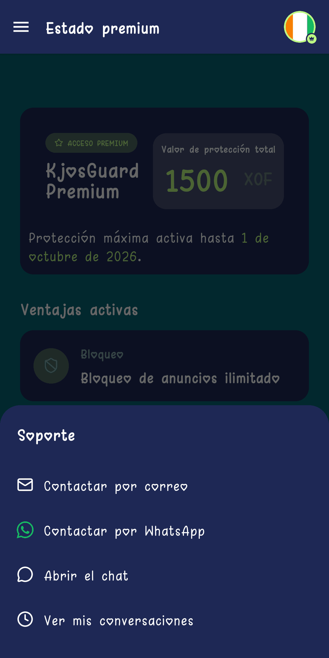 Tarjeta "¿Necesitas ayuda? Contacta con nuestro soporte 24/7" en la pantalla de estado premium