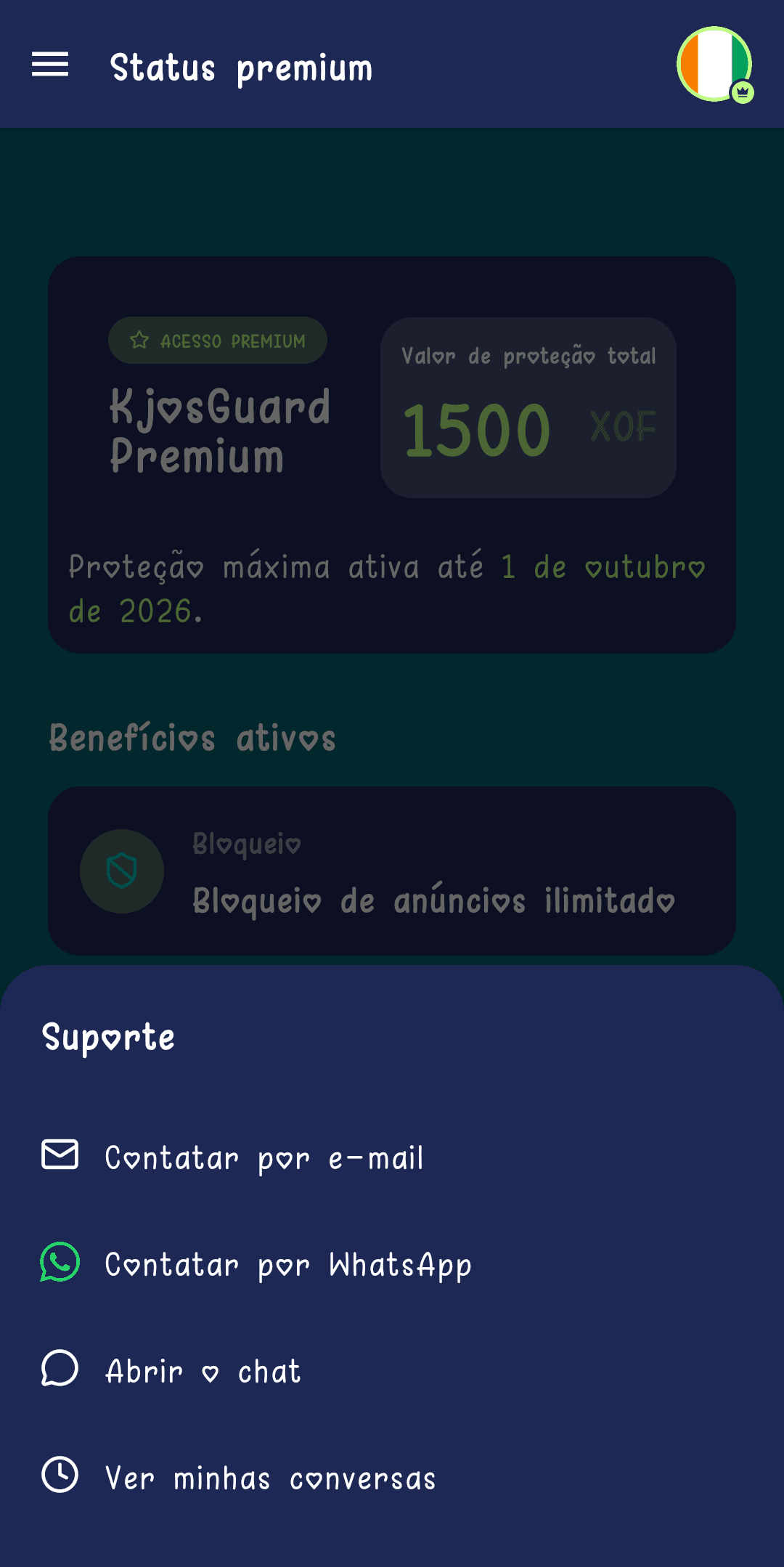 Cartão "Precisa de ajuda? Contacte o nosso suporte 24/7" no ecrã de estatuto premium