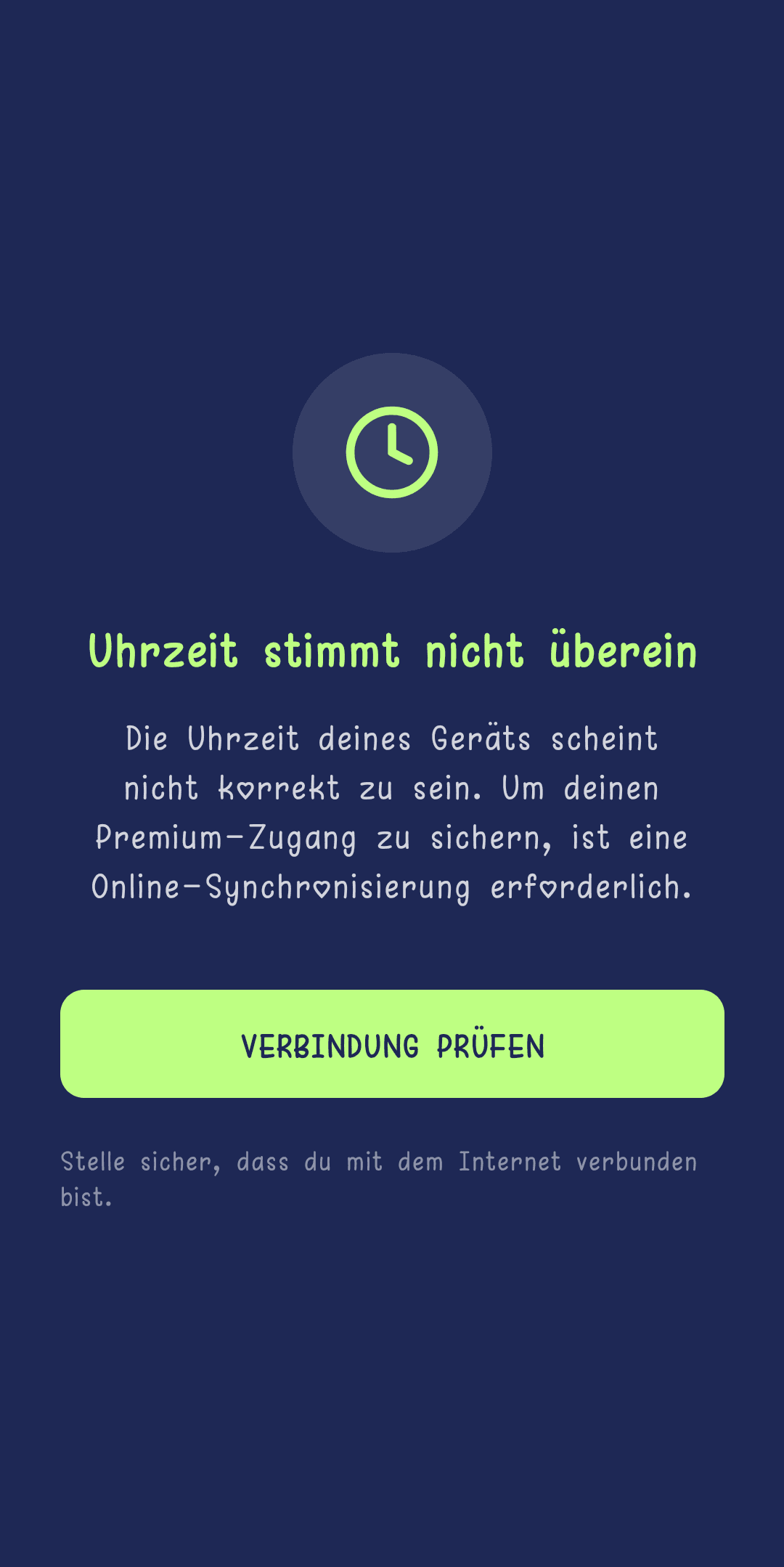 Bildschirm „Uhrzeit nicht stimmig", der eine Online-Synchronisierung verlangt