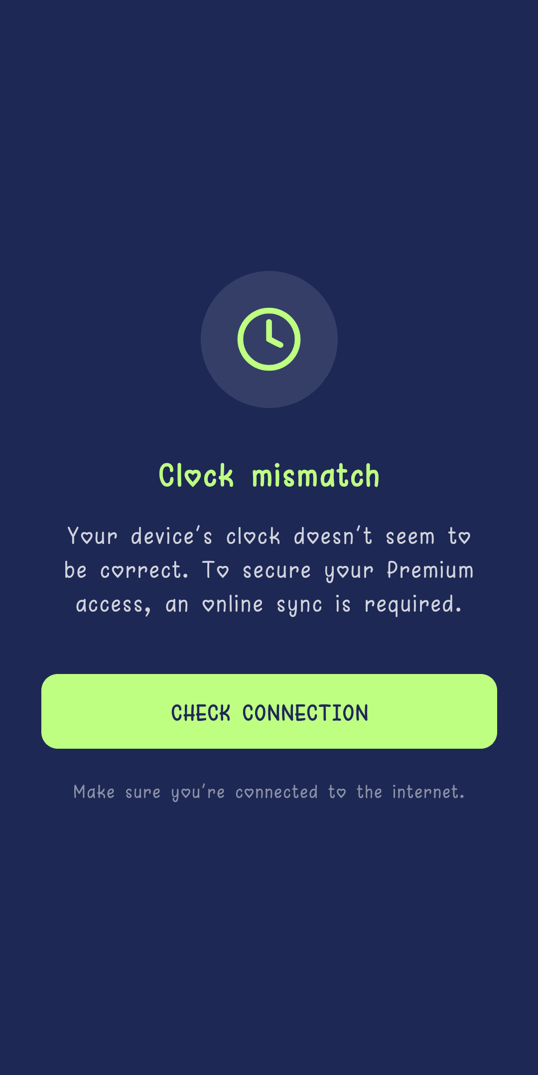 Clock Mismatch screen asking for an online sync