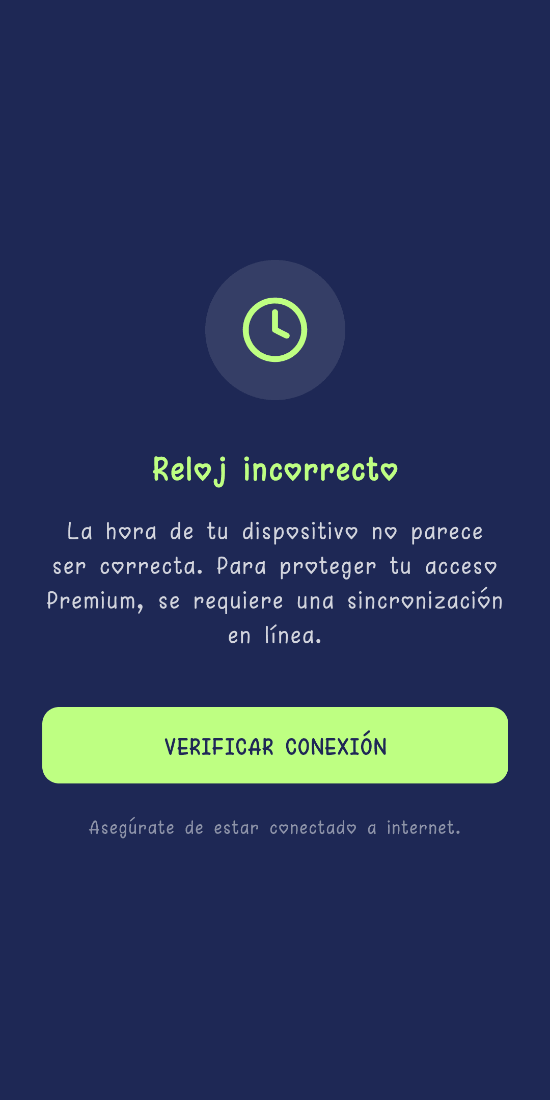 Pantalla Reloj Incoherente que solicita una sincronización en línea