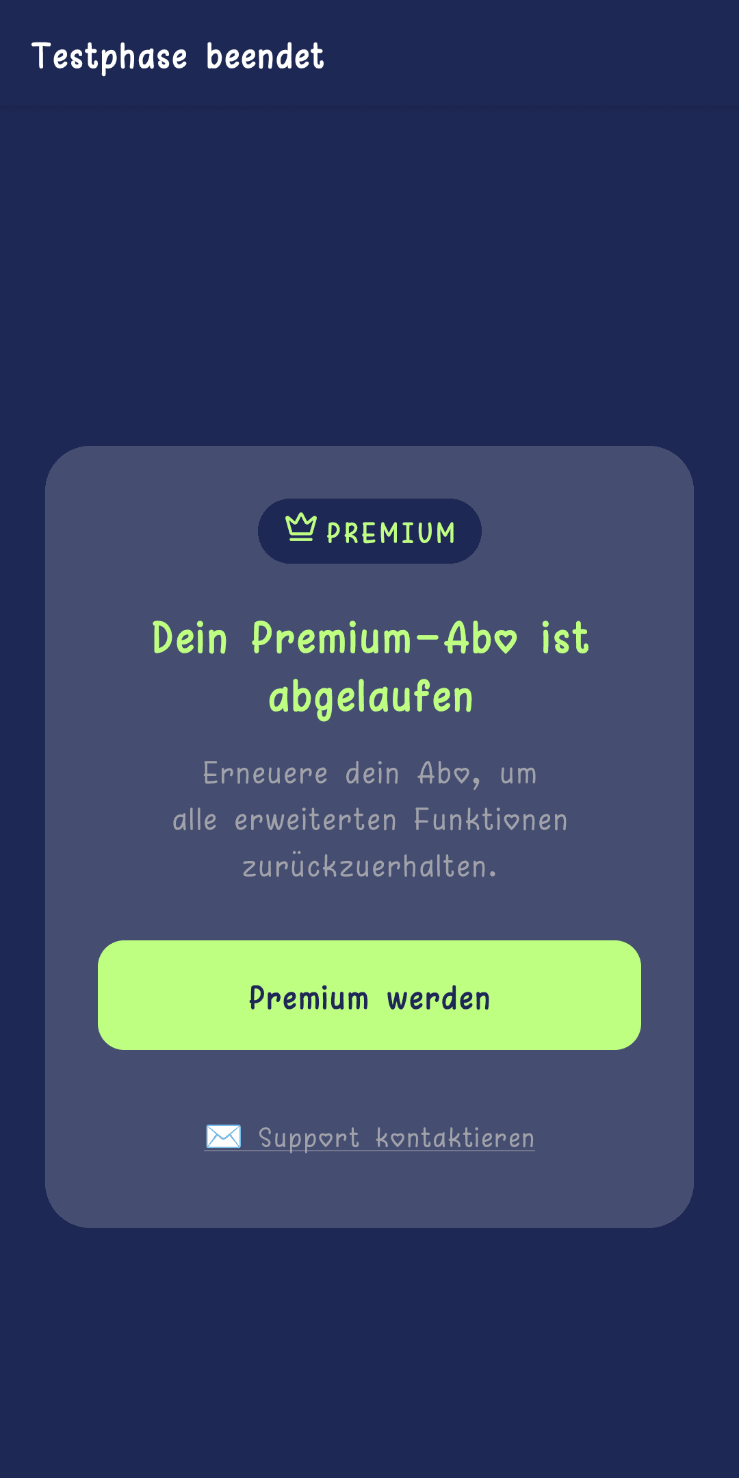 Bildschirm am Ende der kostenlosen Testphase
