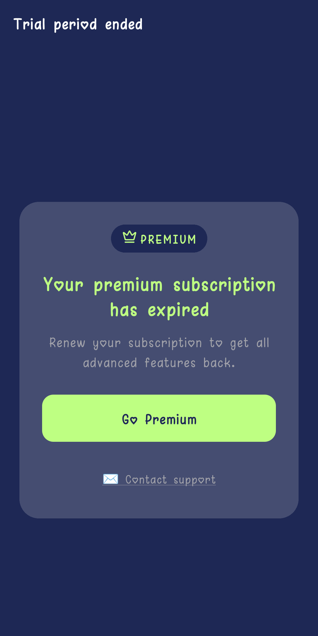 Screen shown at the end of the free trial period
