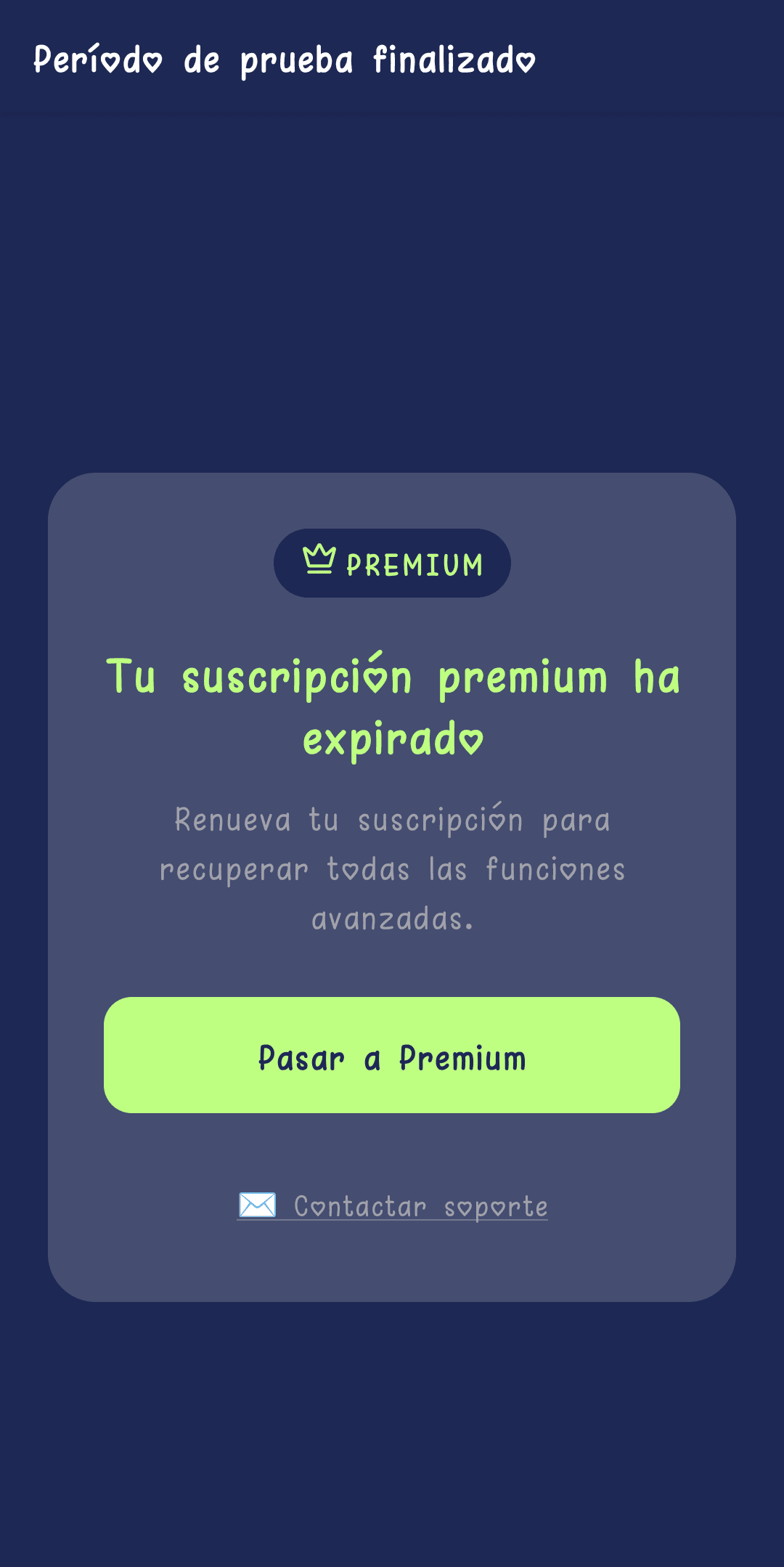 Pantalla mostrada al final del período de prueba gratuita